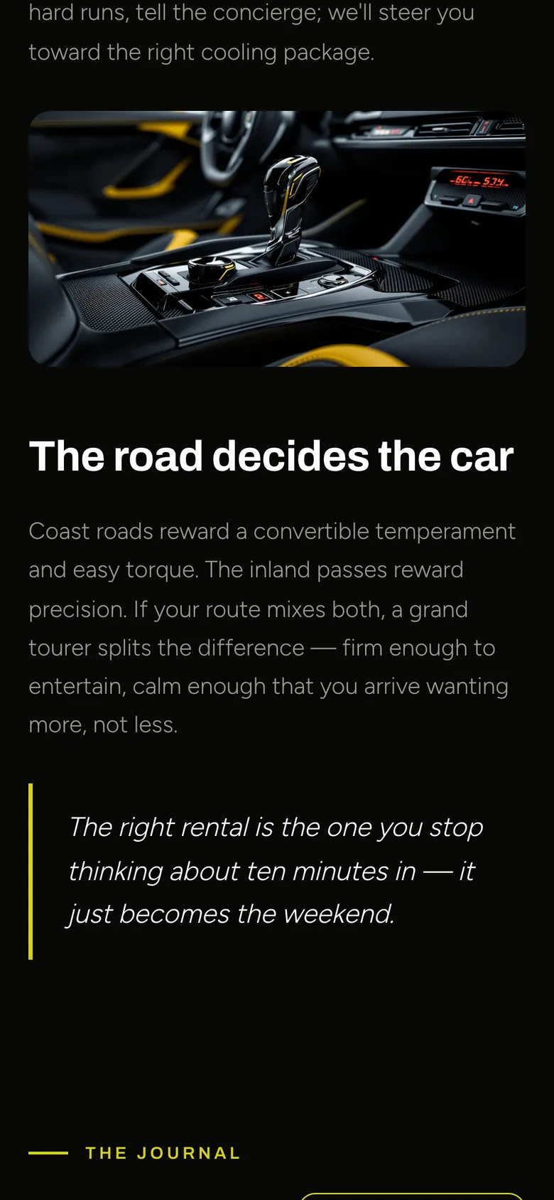 Phone-width page screen 06 of the TORQUE template (car rental) showing headline “The road decides the car”, 1 image.