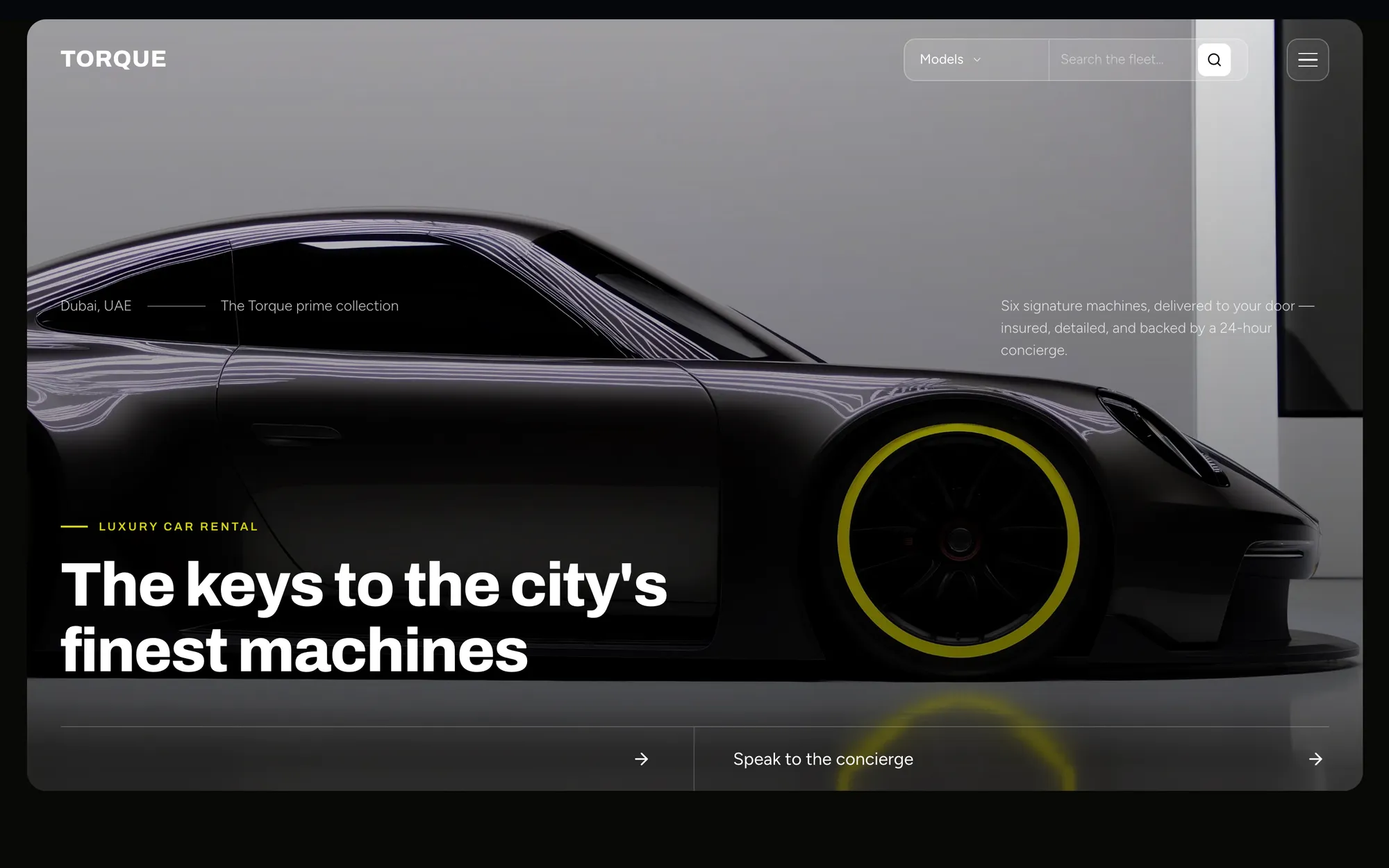 Desktop page section 01 of the TORQUE template (car rental) showing headline “The keys to the city's finest machines”, 1 image.