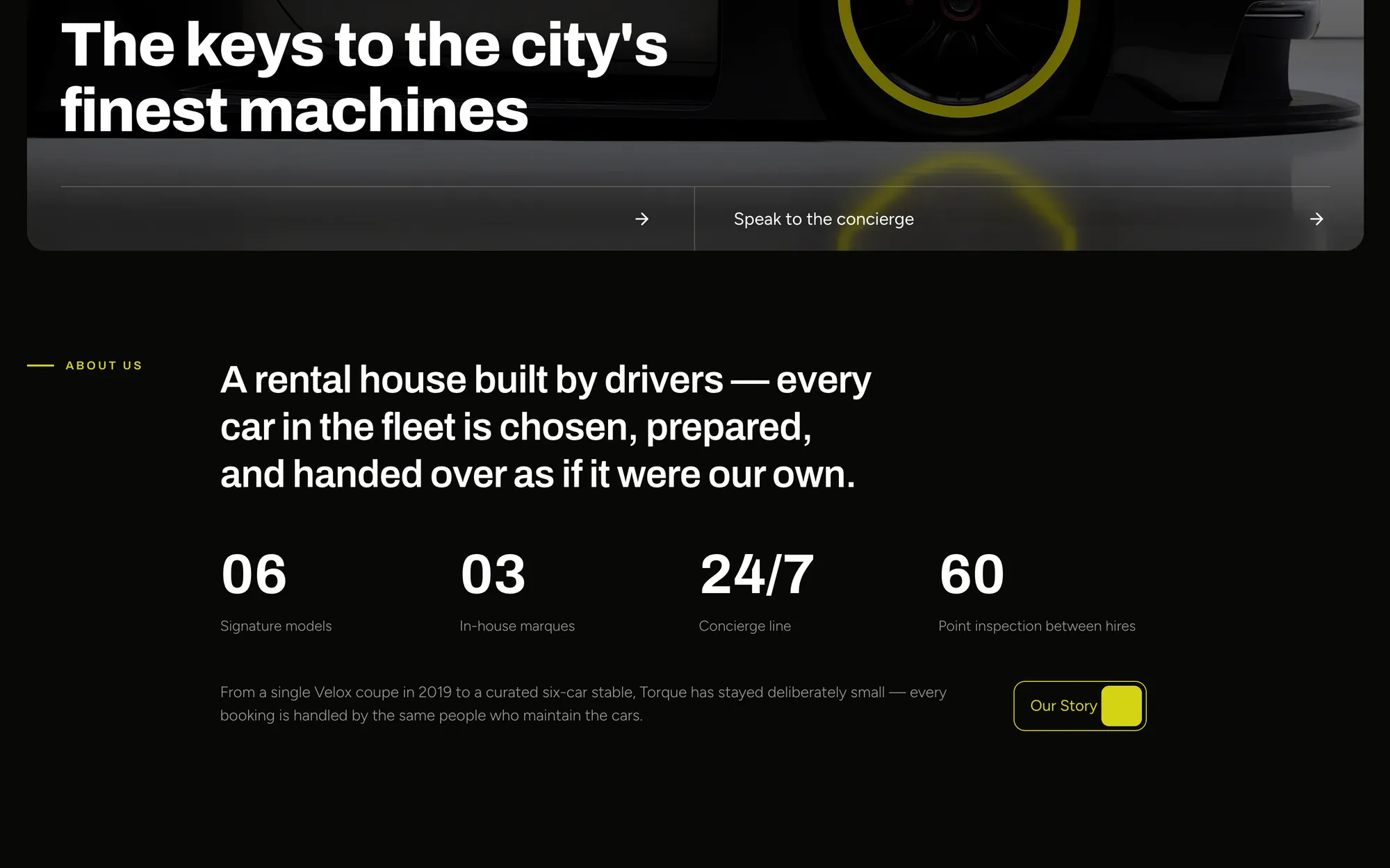 Desktop page section 02 of the TORQUE template (car rental) showing headline “The keys to the city's finest machines”, 1 image.
