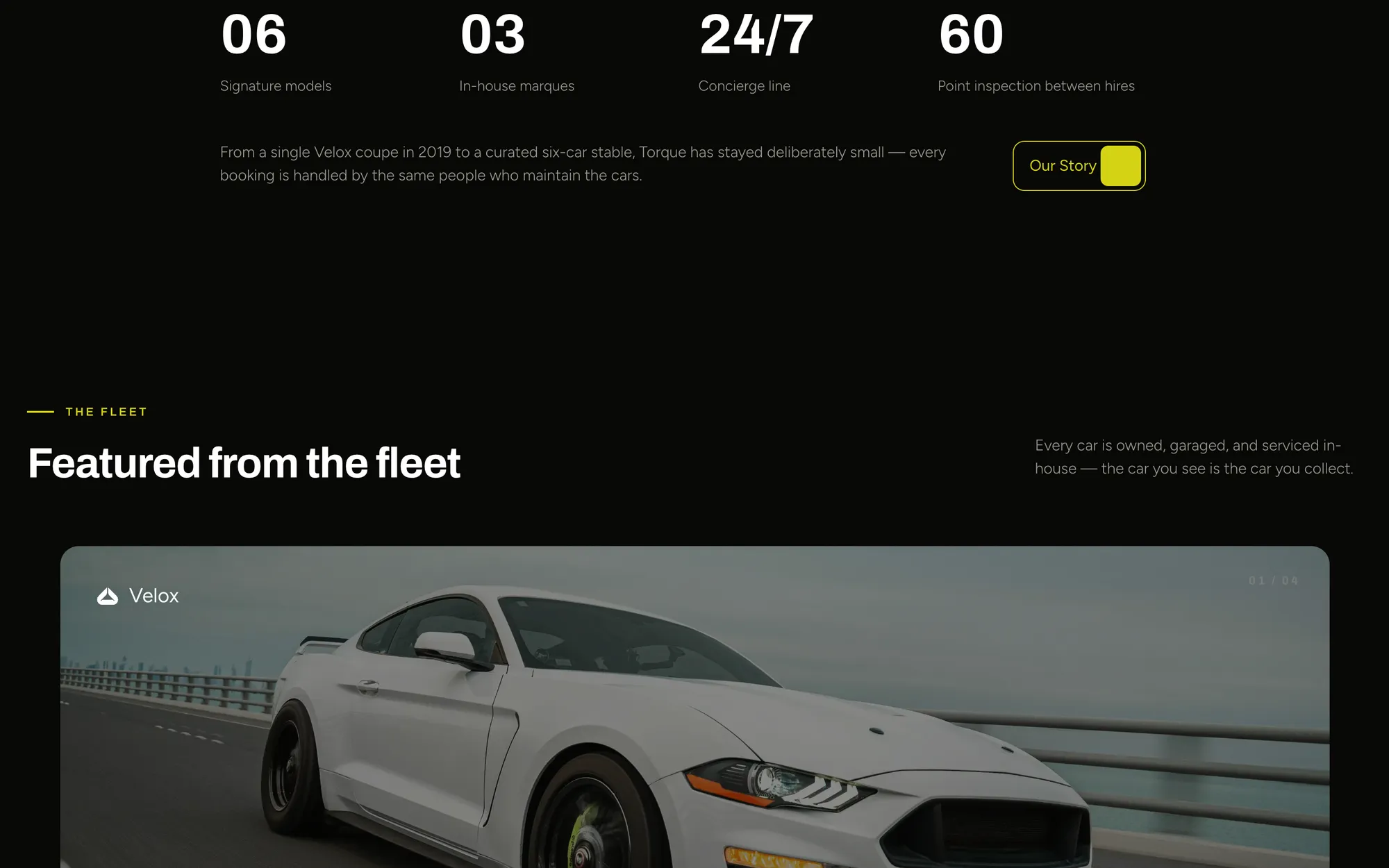 Desktop page section 03 of the TORQUE template (car rental) showing headline “Featured from the fleet”, 1 image.