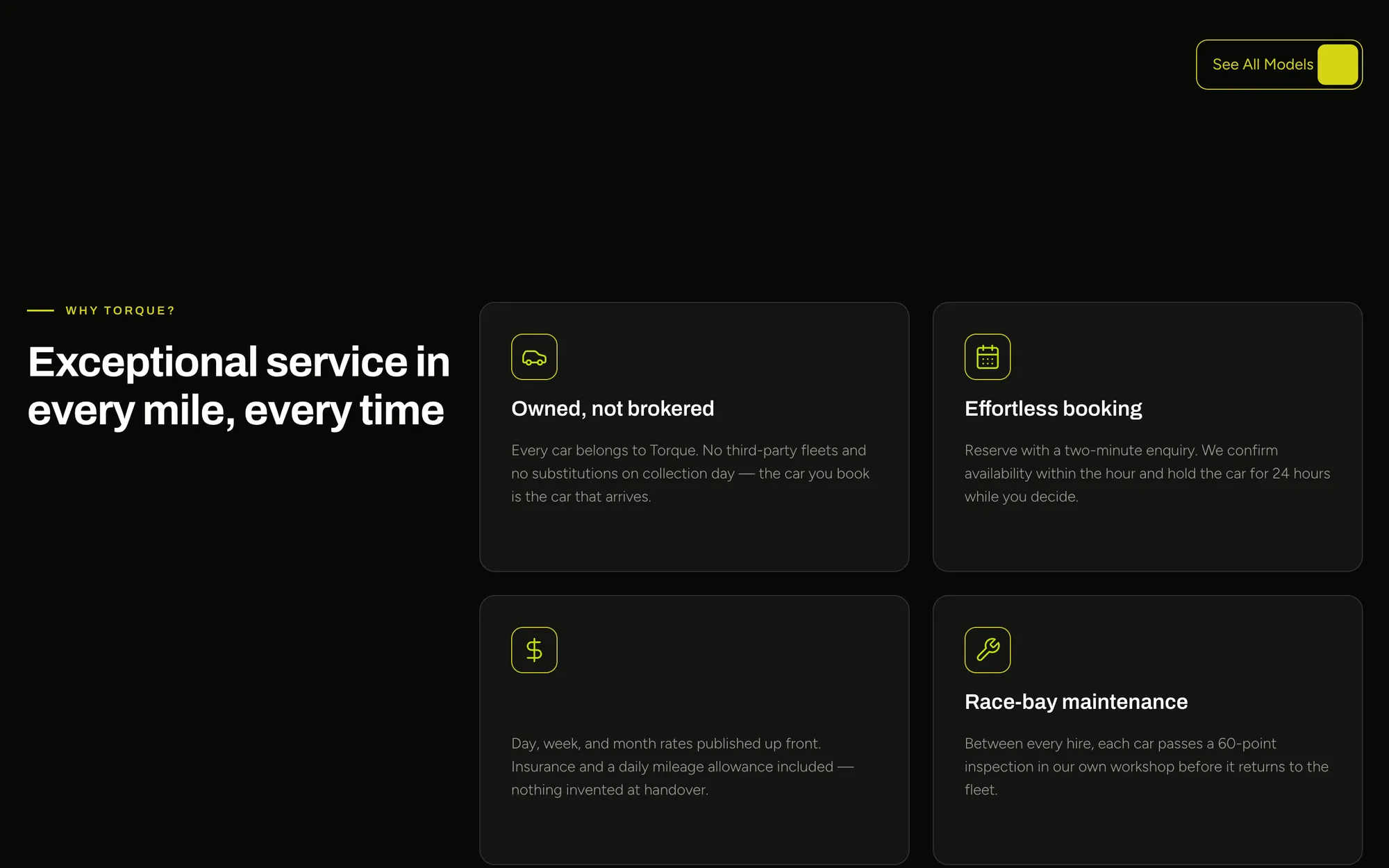 Desktop page section 05 of the TORQUE template (car rental) showing headlines “Exceptional service in every mile, every time” and “Owned, not brokered”.