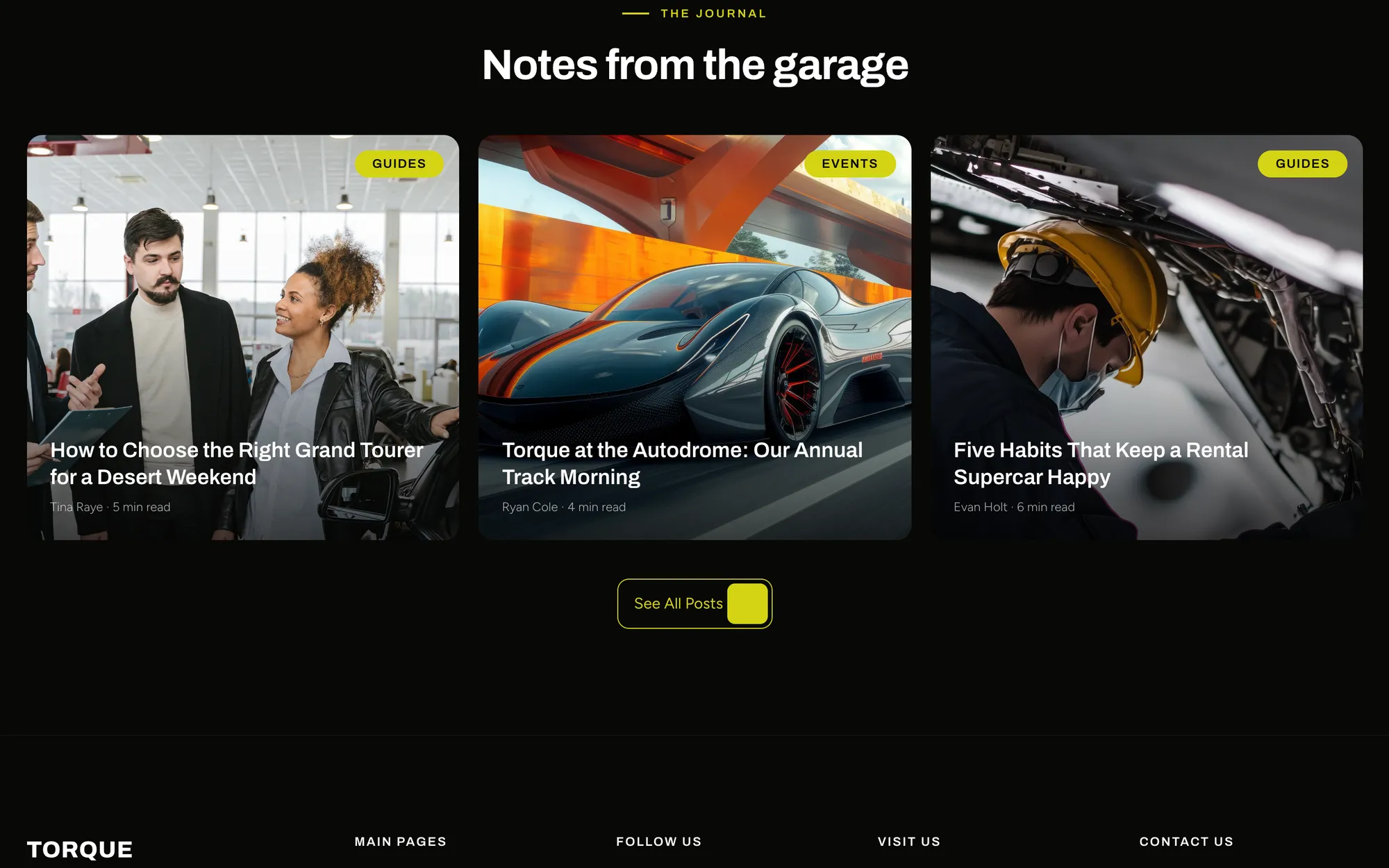 Desktop page section 06 of the TORQUE template (car rental) showing headlines “Notes from the garage” and “How to Choose the Right Grand Tourer for a Desert Weekend”, 3 images.