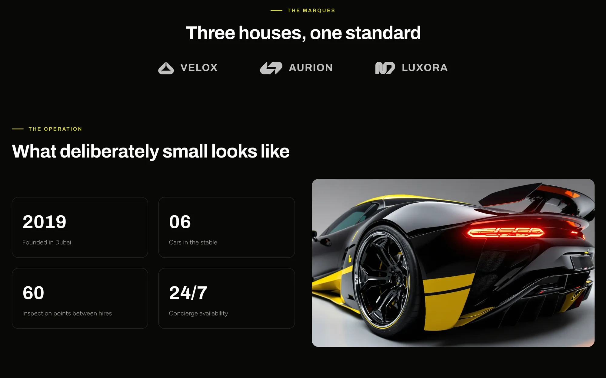 Desktop page section 08 of the TORQUE template (car rental) showing headlines “Three houses, one standard” and “What deliberately small looks like”, 1 image.