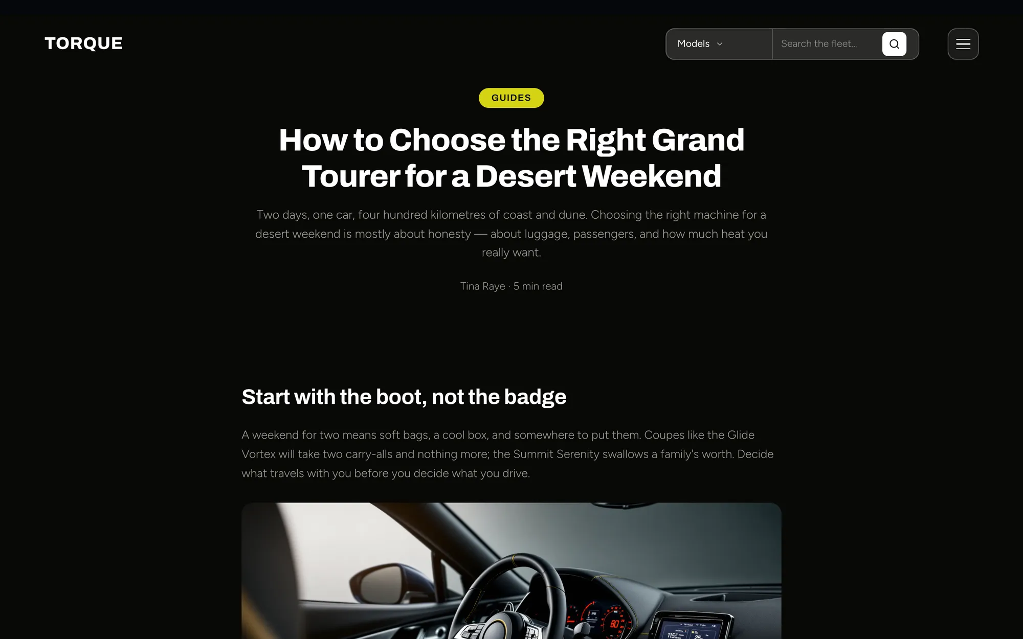 Desktop page section 09 of the TORQUE template (car rental) showing headlines “How to Choose the Right Grand Tourer for a Desert Weekend” and “Start with the boot, not the badge”, 1 image.