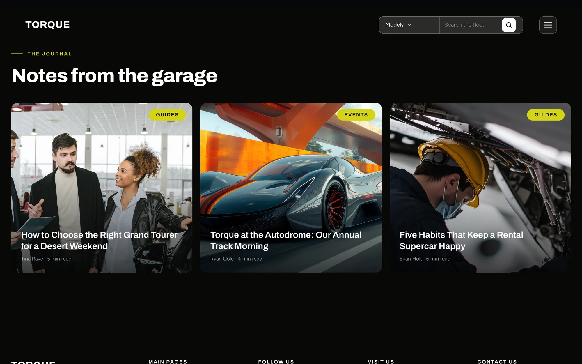 Desktop page section 12 of the TORQUE template (car rental) showing headlines “Notes from the garage” and “How to Choose the Right Grand Tourer for a Desert Weekend”, 3 images.