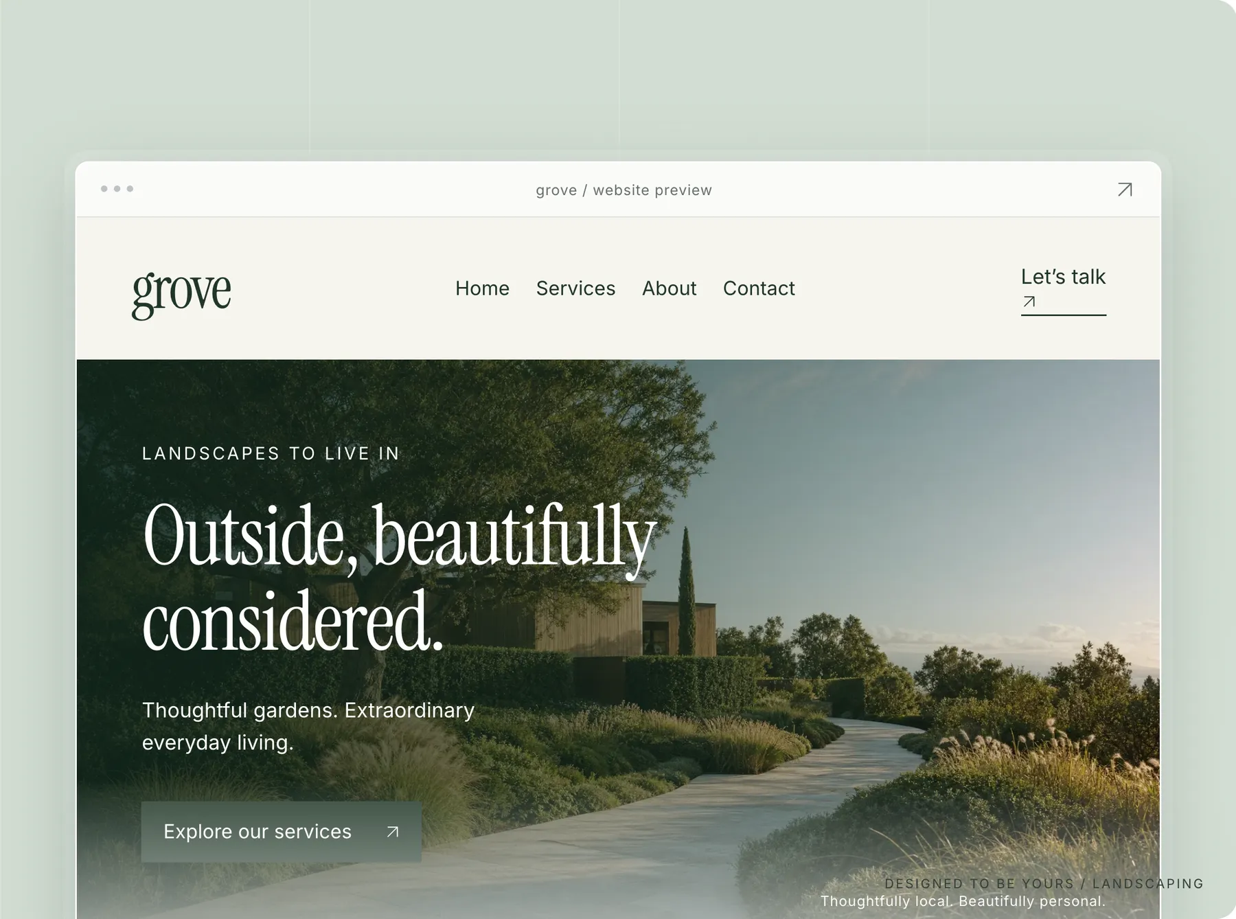 Close detail of the WONE (website): card “grove / website preview grove Home Services About Contact Le”.