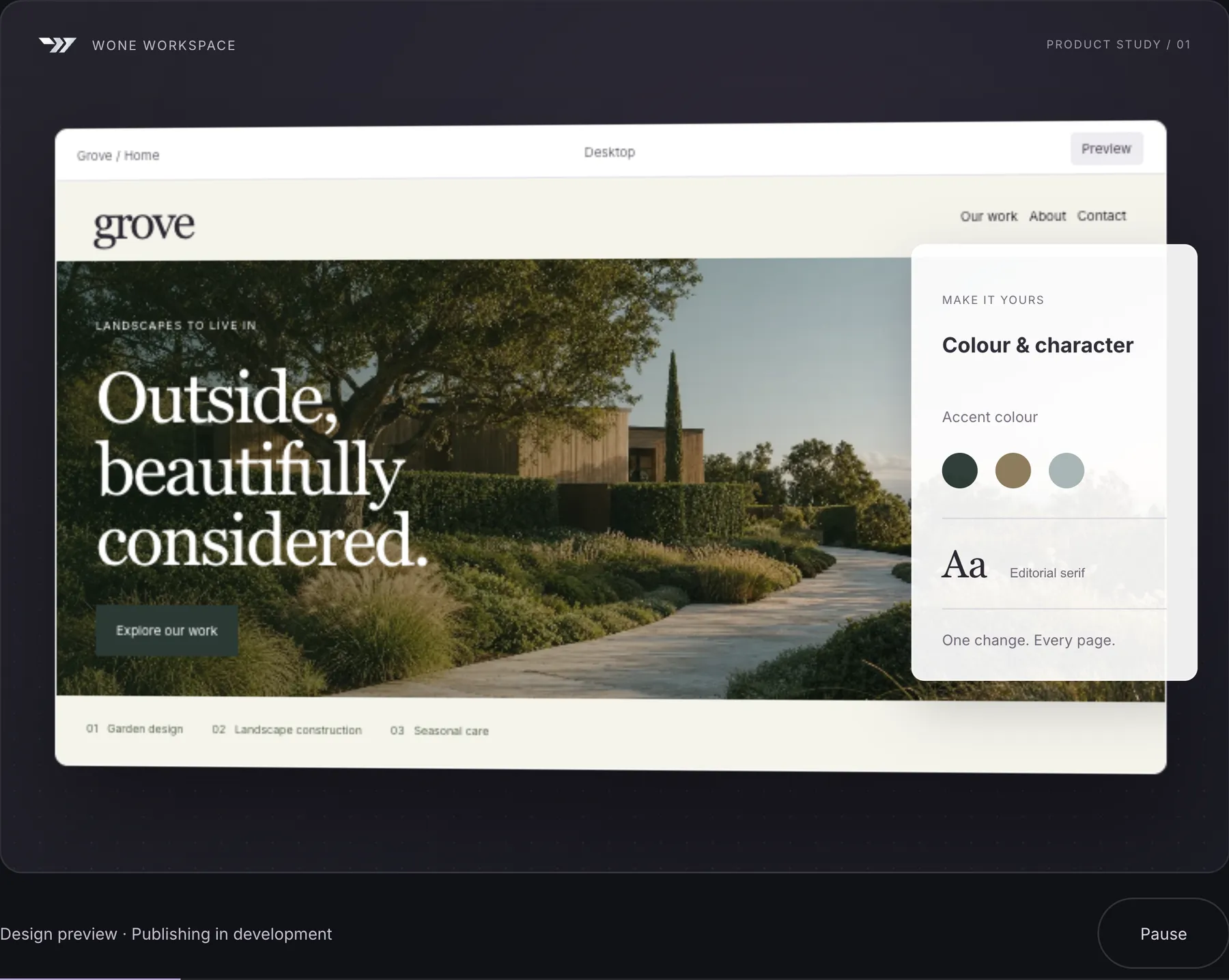 Close detail of the WONE (website): card “WONE WORKSPACE PRODUCT STUDY / 01 Grove / Home Desktop Previ”.