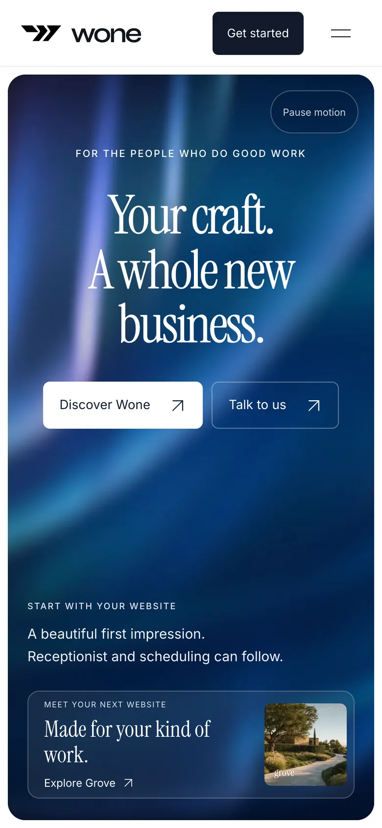 Phone-width page screen 01 of the WONE (website) showing headline “Your craft. A whole new business.”, 2 videos.