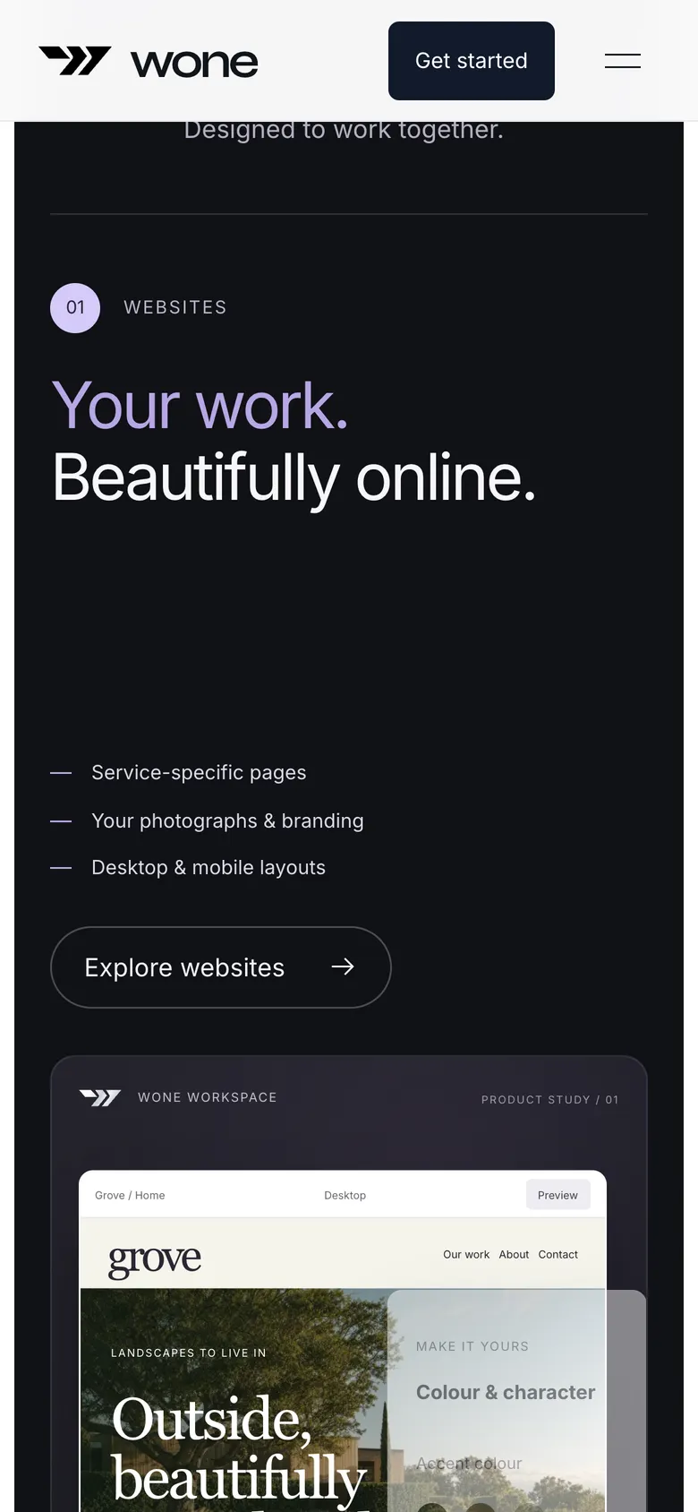 Phone-width page screen 02 of the WONE (website) showing headline “Your work. Beautifully online.”, 1 image.