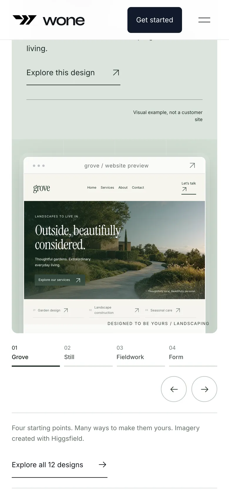 Phone-width page screen 04 of the WONE (website) showing headline “Outside, beautifully considered.”, 1 image.