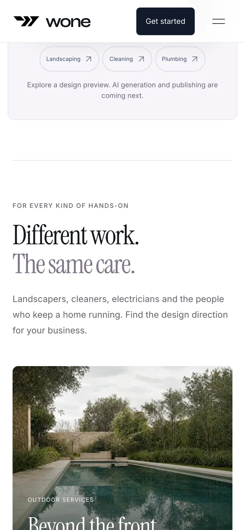 Phone-width page screen 05 of the WONE (website) showing headline “Different work. The same care.”, 1 image.