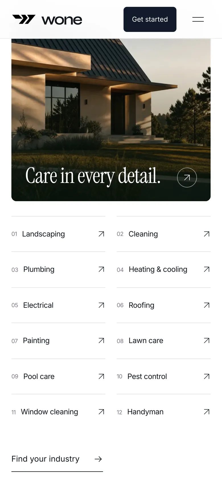 Phone-width page screen 06 of the WONE (website) showing headline “Care in every detail.”, 1 image.