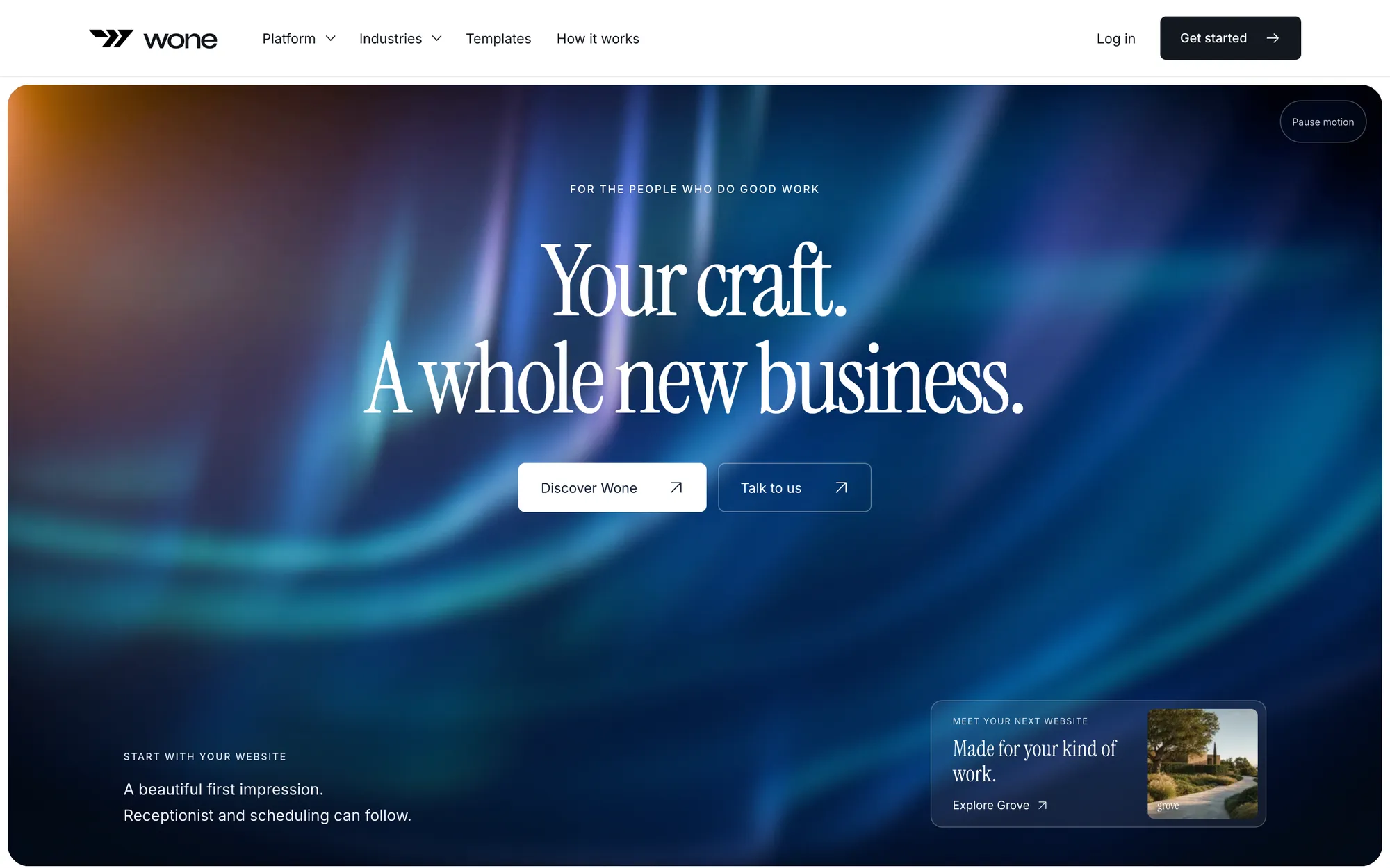 Desktop page section 01 of the WONE (website) showing headline “Your craft. A whole new business.”, 2 videos.