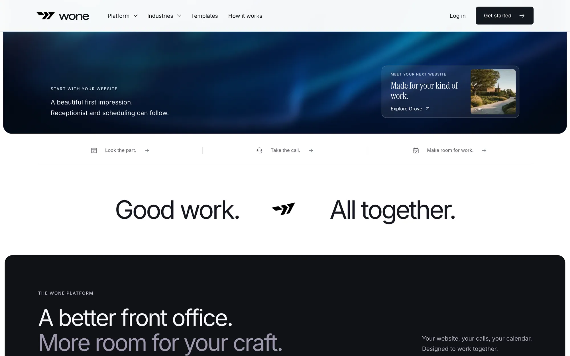 Desktop page section 02 of the WONE (website) showing headline “A better front office. More room for your craft.”, 2 videos.
