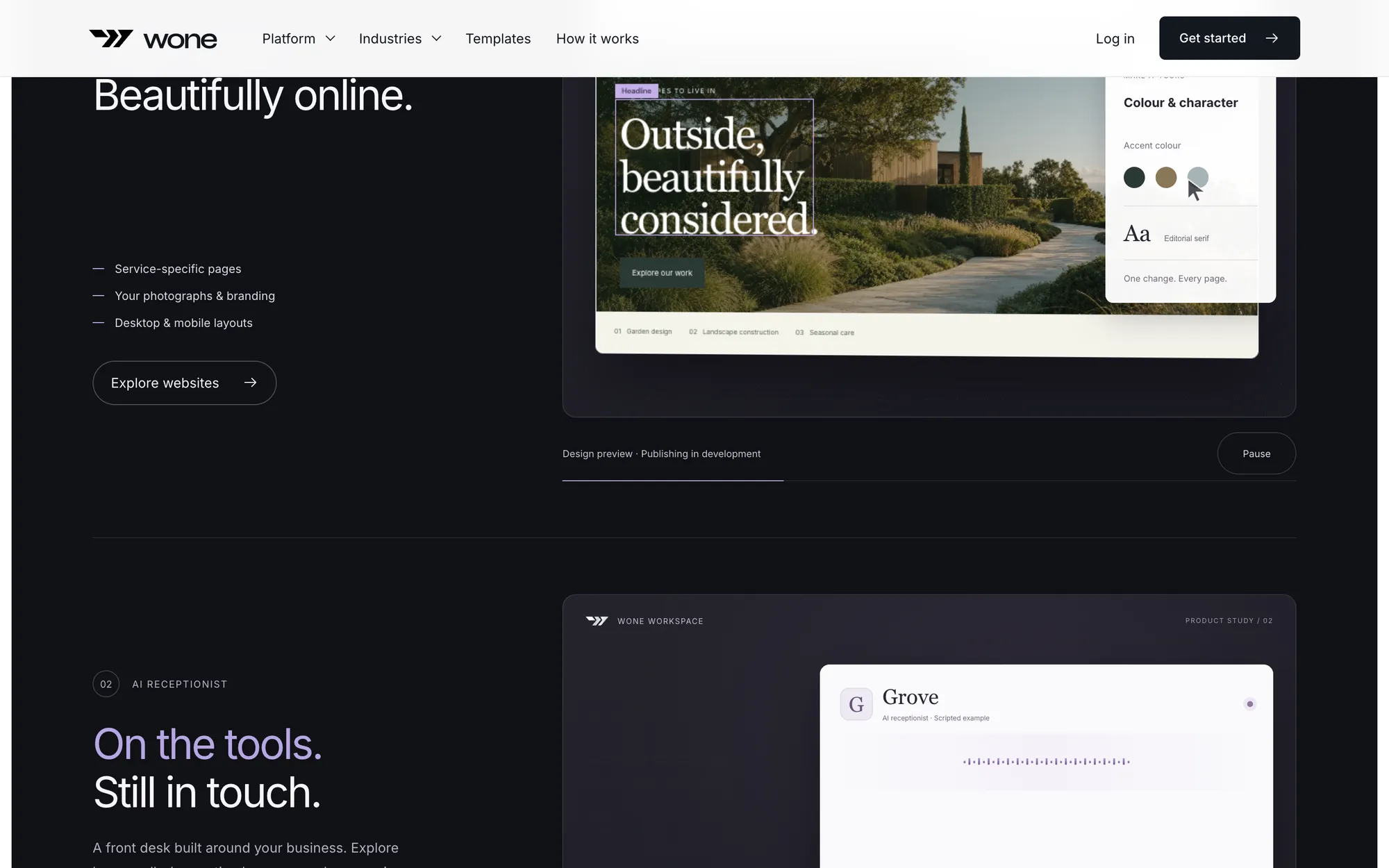 Desktop page section 03 of the WONE (website) showing headlines “Your work. Beautifully online.” and “On the tools. Still in touch.”, 1 image.
