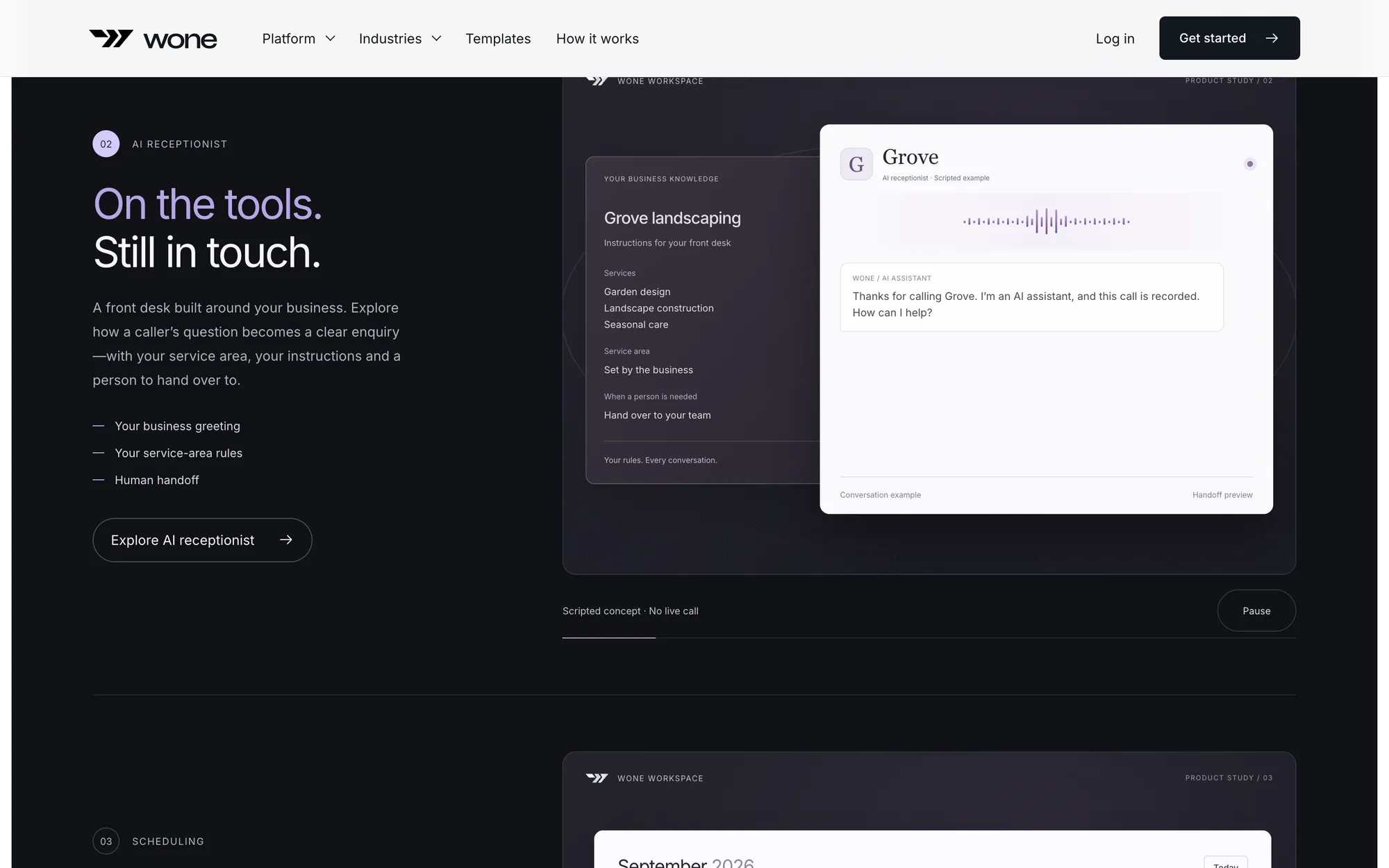 Desktop page section 04 of the WONE (website) showing headline “On the tools. Still in touch.”.
