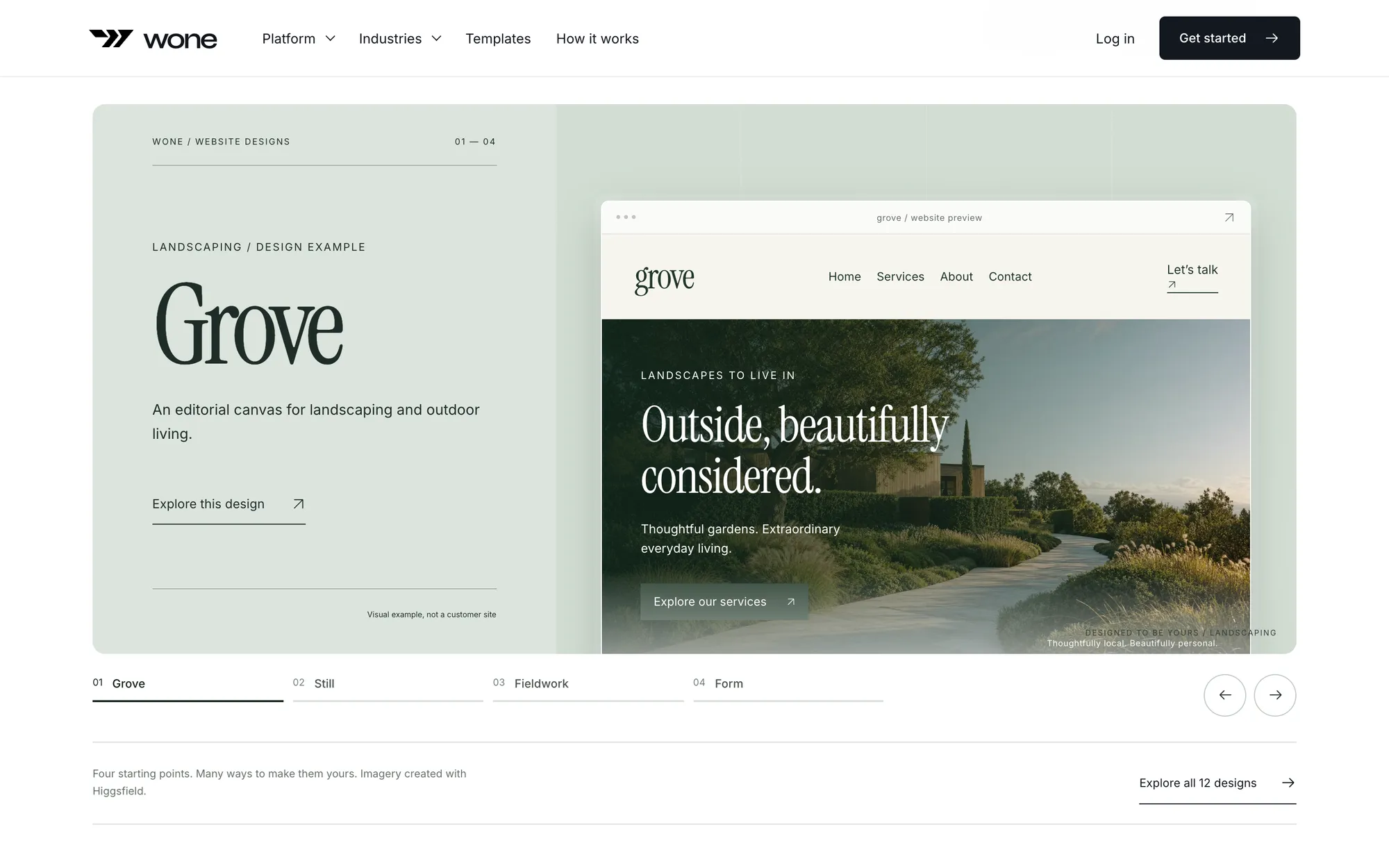 Desktop page section 06 of the WONE (website) showing headlines “Grove” and “Outside, beautifully considered.”, 1 image.