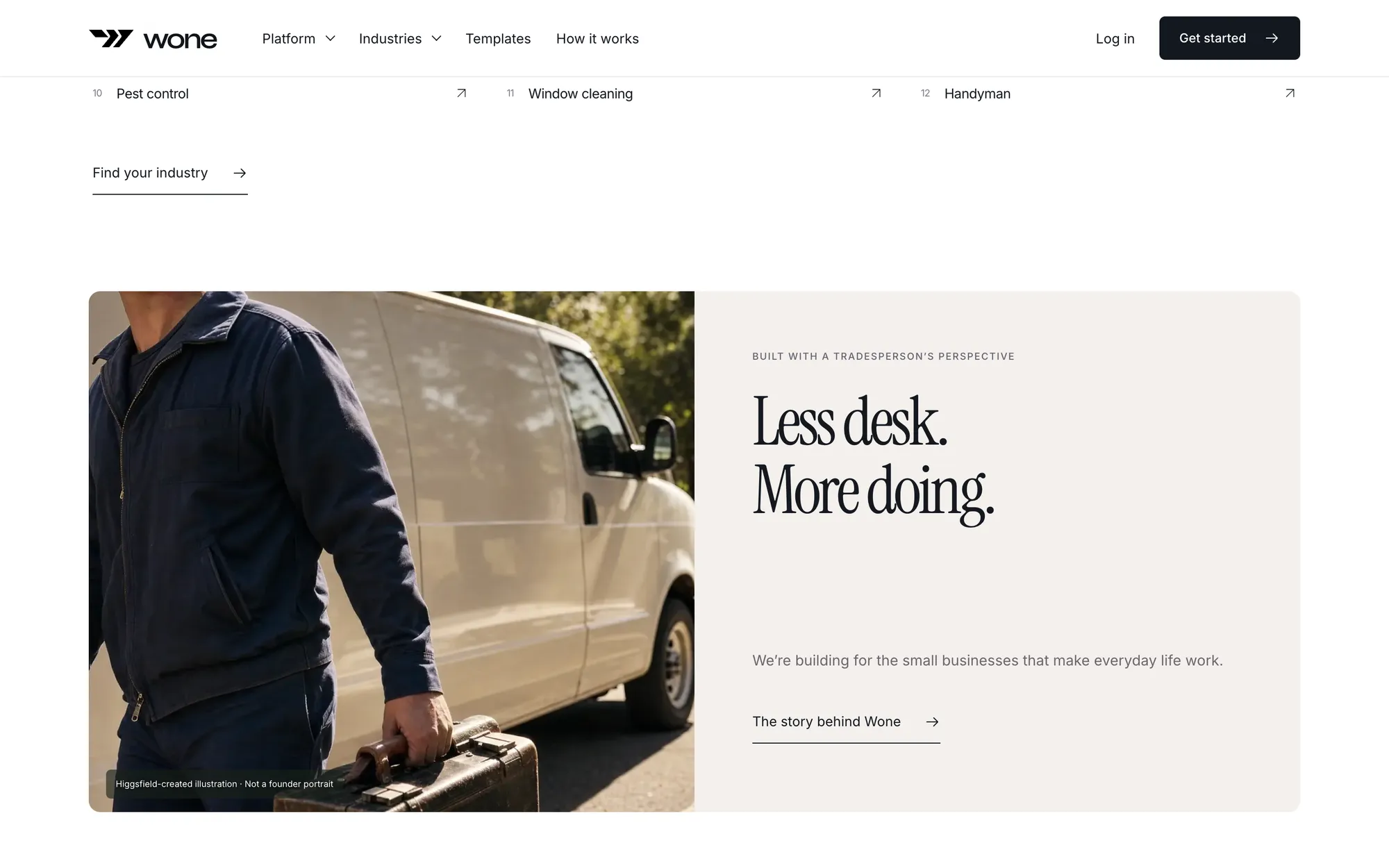 Desktop page section 09 of the WONE (website) showing headline “Less desk. More doing.”, 1 image.