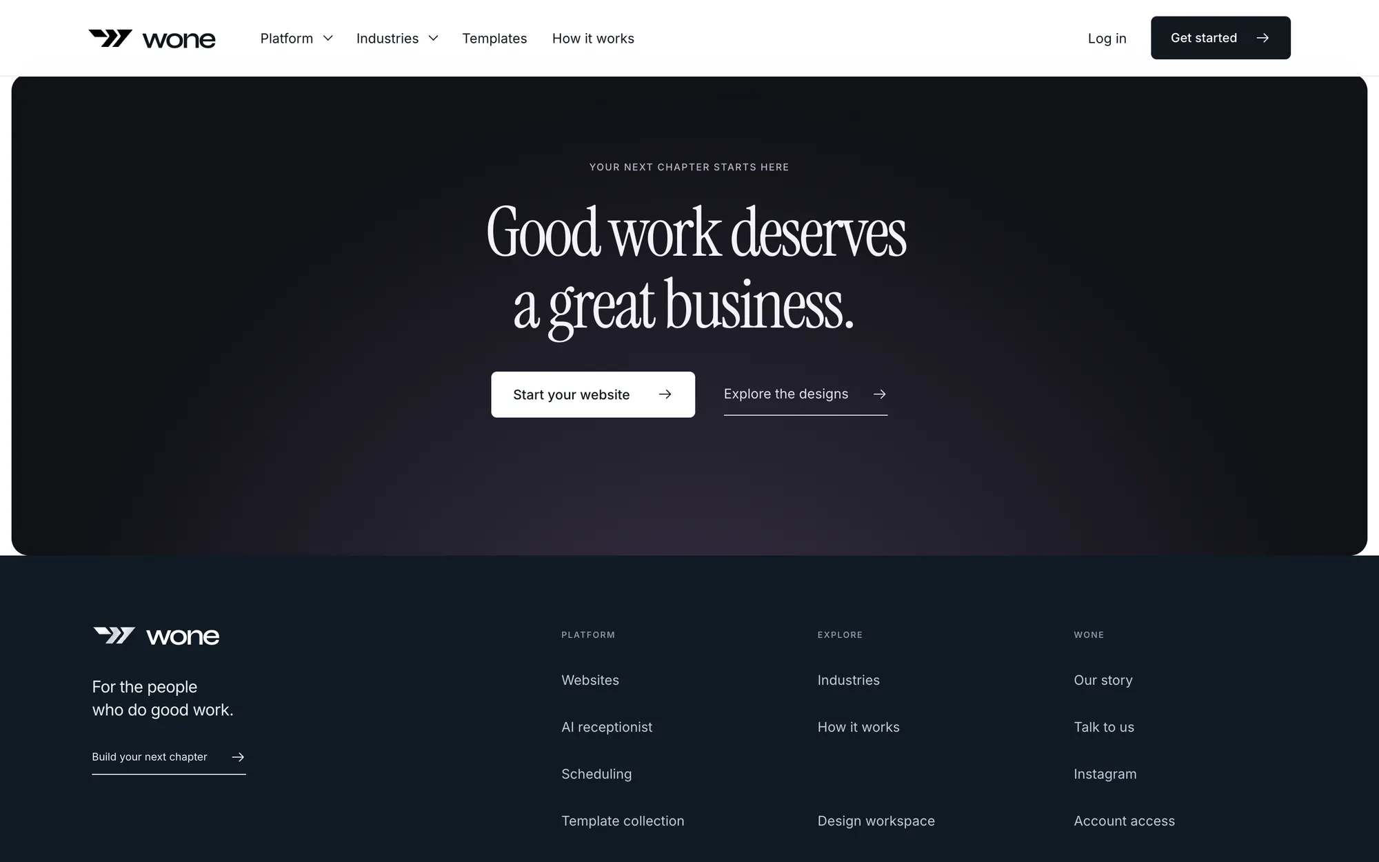 Desktop page section 11 of the WONE (website) showing headlines “Good work deserves a great business.” and “PLATFORM”.