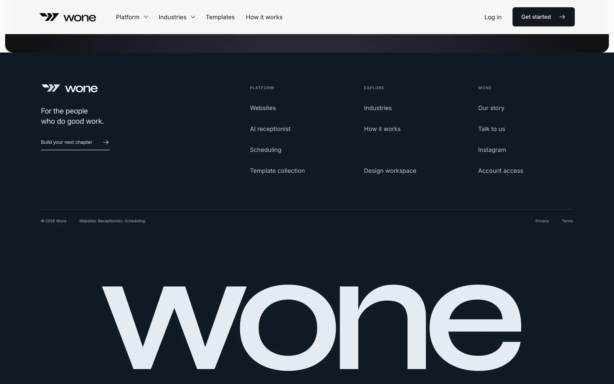 Desktop page section 12 of the WONE (website) showing headlines “PLATFORM” and “EXPLORE”.