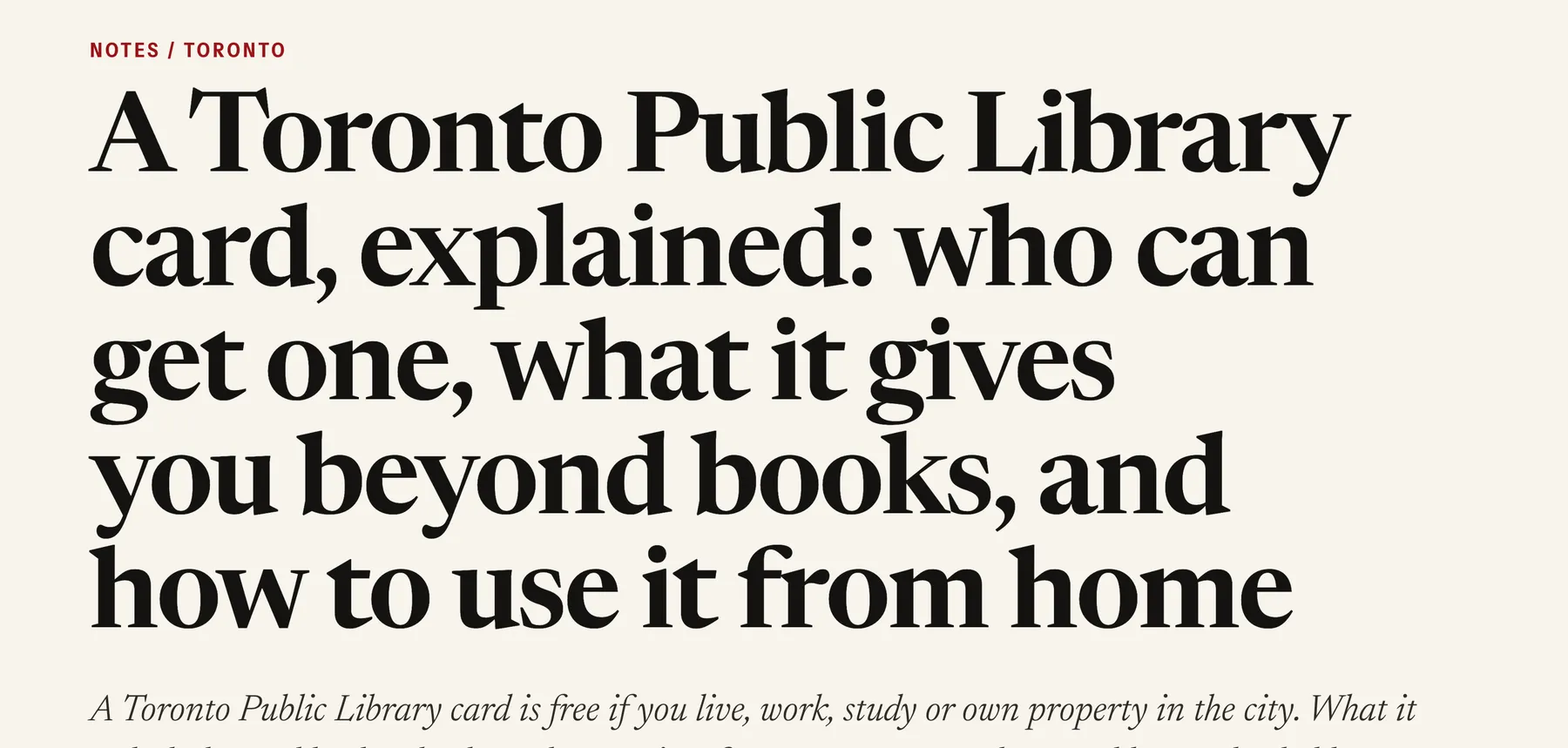 Close detail of the ZELR (website): headline typography “A Toronto Public Library card, explained: who can get one, w”.