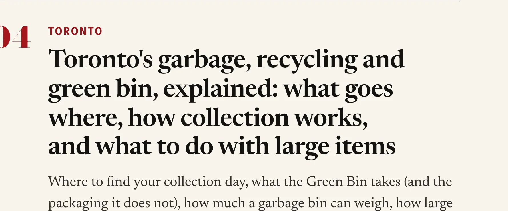 Close detail of the ZELR (website): headline typography “Toronto's garbage, recycling and green bin, explained: what ”.