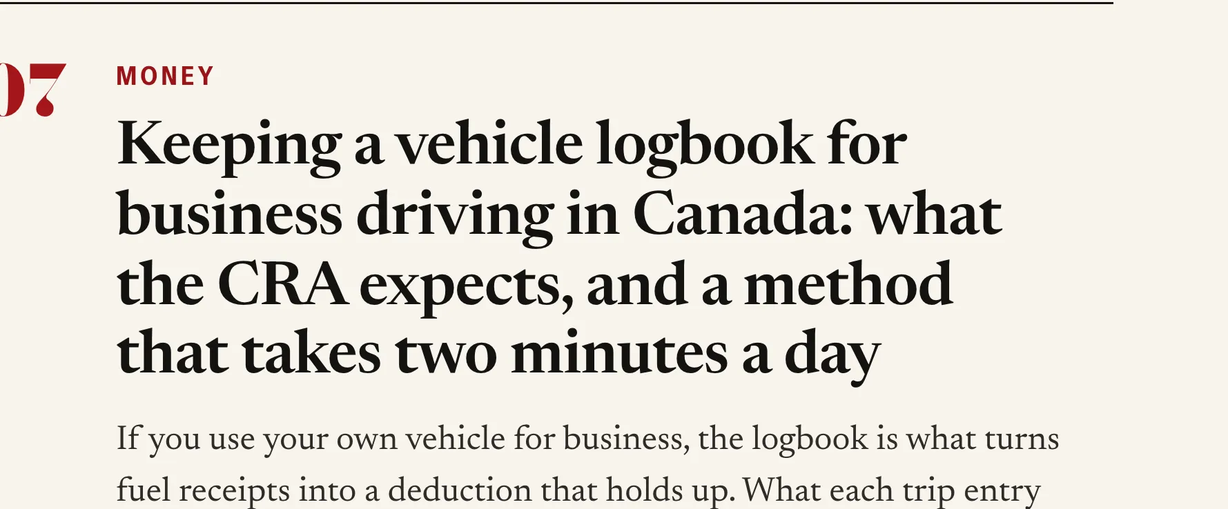 Close detail of the ZELR (website): headline typography “Keeping a vehicle logbook for business driving in Canada: wh”.