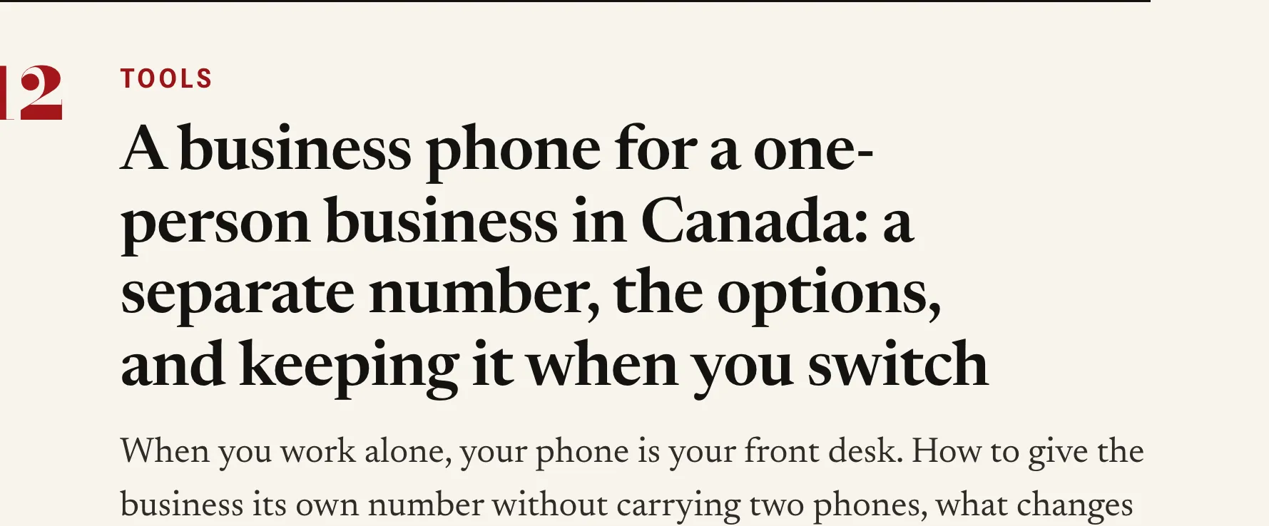 Close detail of the ZELR (website): headline typography “A business phone for a one-person business in Canada: a sepa”.