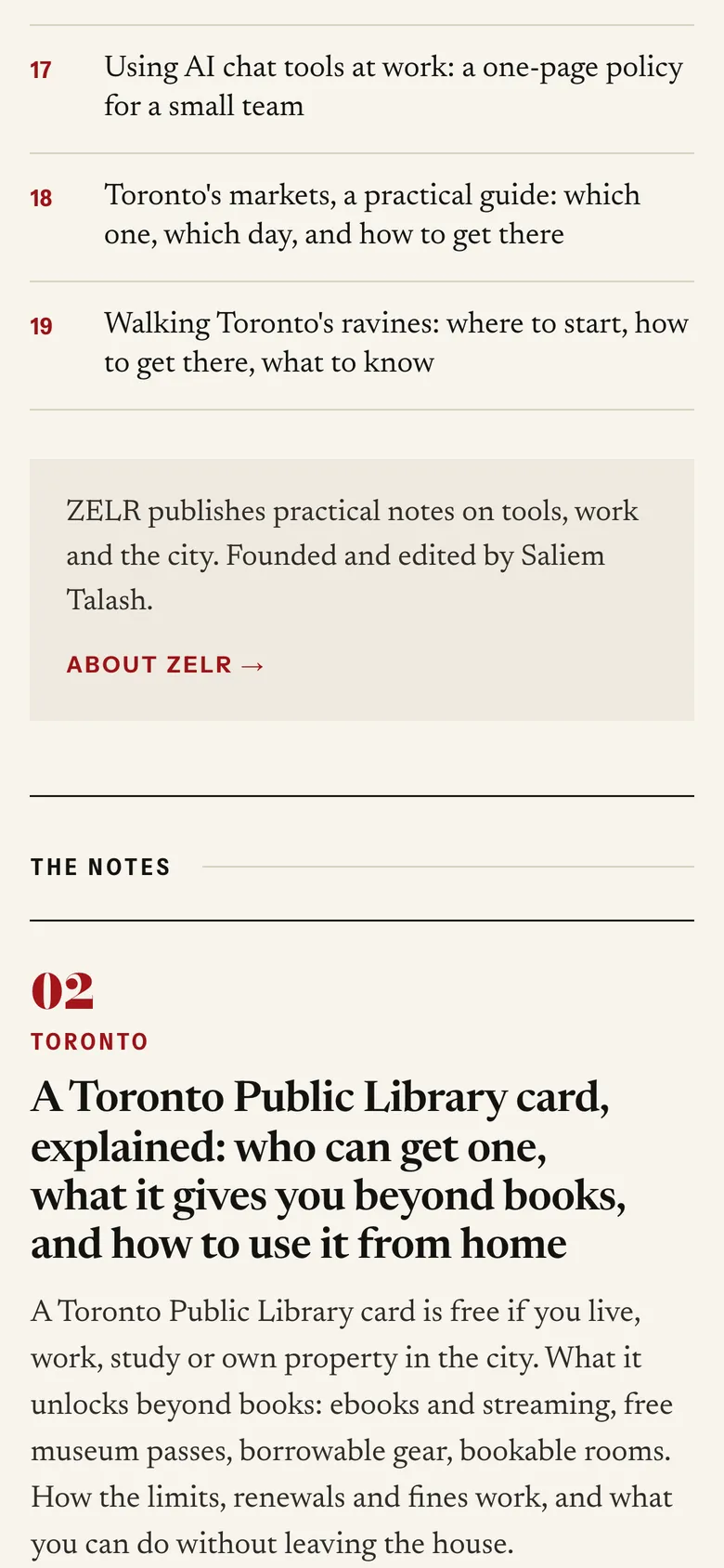 Phone-width page screen 02 of the ZELR (website) showing headline “THE NOTES”.