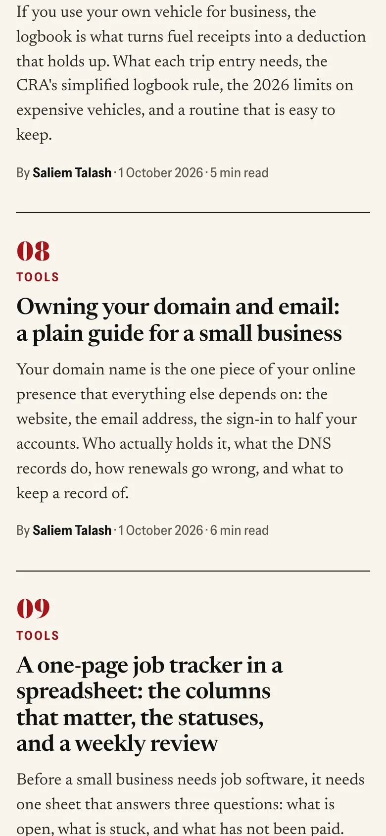 Phone-width page screen 03 of the ZELR (website) showing headline “Owning your domain and email: a plain guide for a small business”.