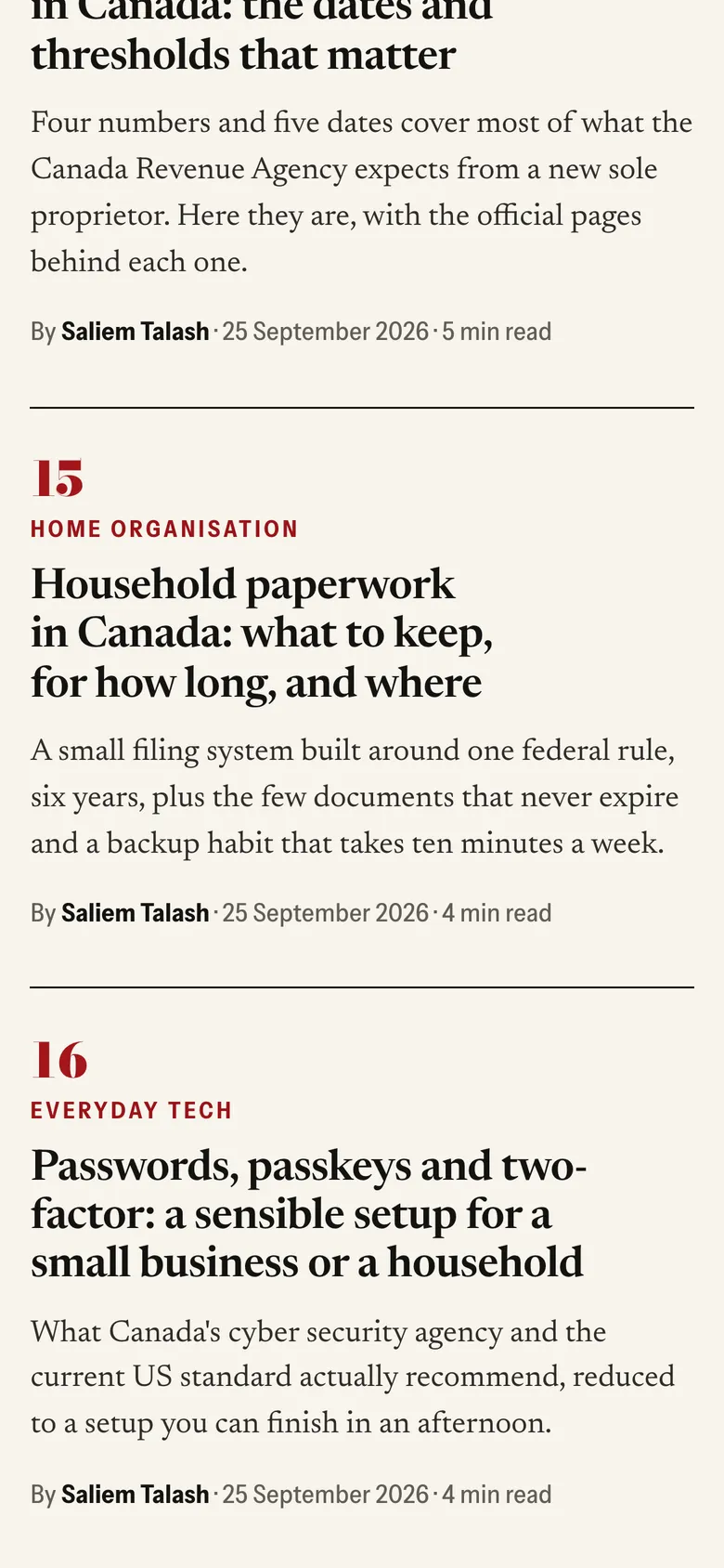 Phone-width page screen 04 of the ZELR (website) showing headlines “Household paperwork in Canada: what to keep, for how long, and where” and “Passwords, passkeys and two-factor: a sensible setup for a small business or a household”.