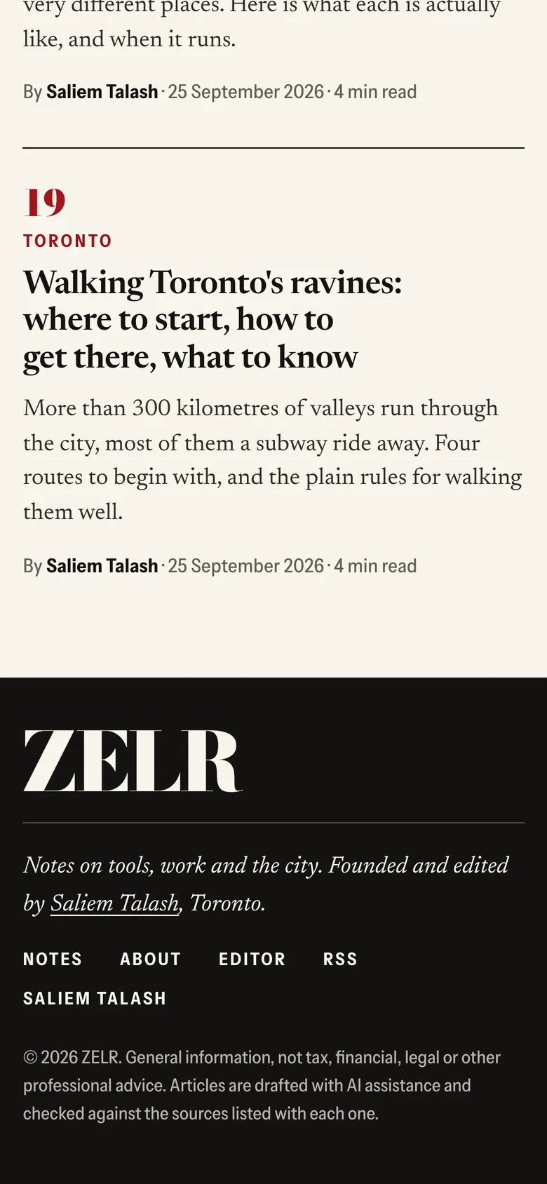 Phone-width page screen 05 of the ZELR (website) showing headline “Walking Toronto's ravines: where to start, how to get there, what to know”.
