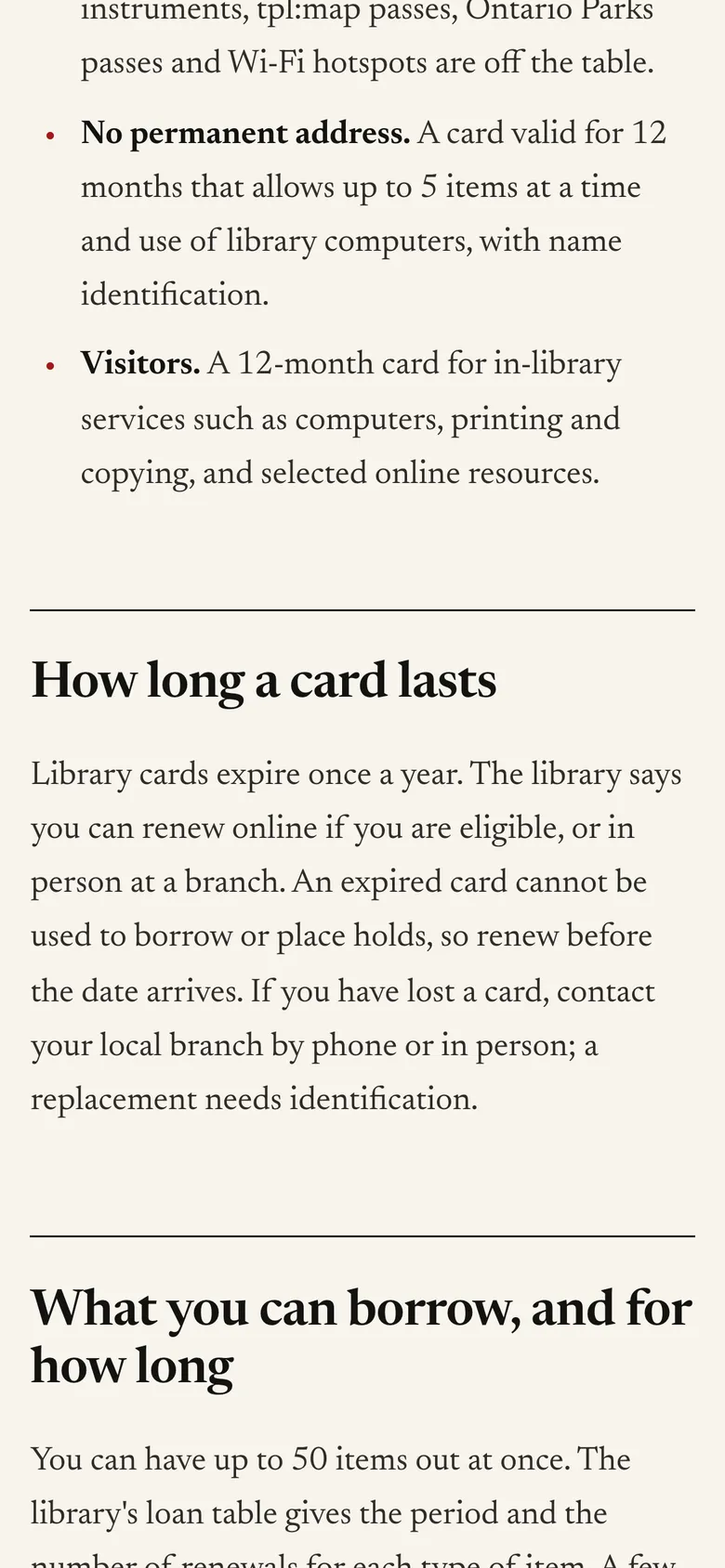 Phone-width page screen 06 of the ZELR (website) showing headlines “How long a card lasts” and “What you can borrow, and for how long”.