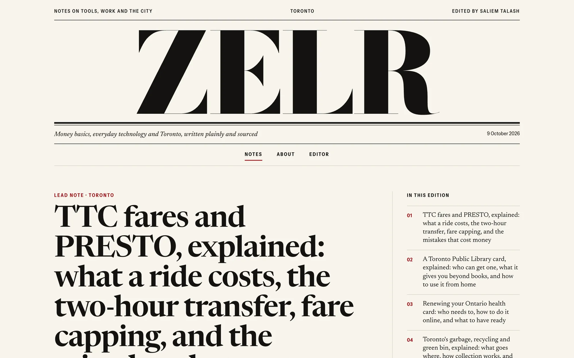 Desktop page section 01 of the ZELR (website) showing headlines “ZELR” and “IN THIS EDITION”.