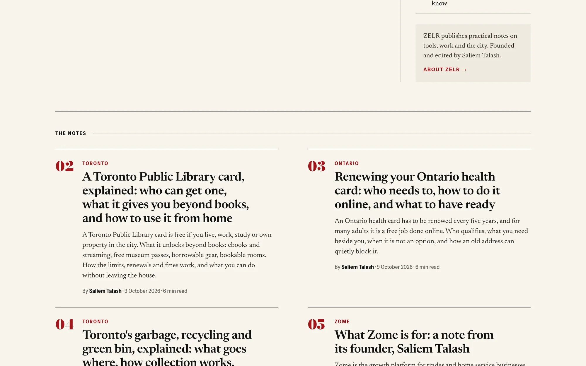 Desktop page section 04 of the ZELR (website) showing headlines “THE NOTES” and “What Zome is for: a note from its founder, Saliem Talash”.