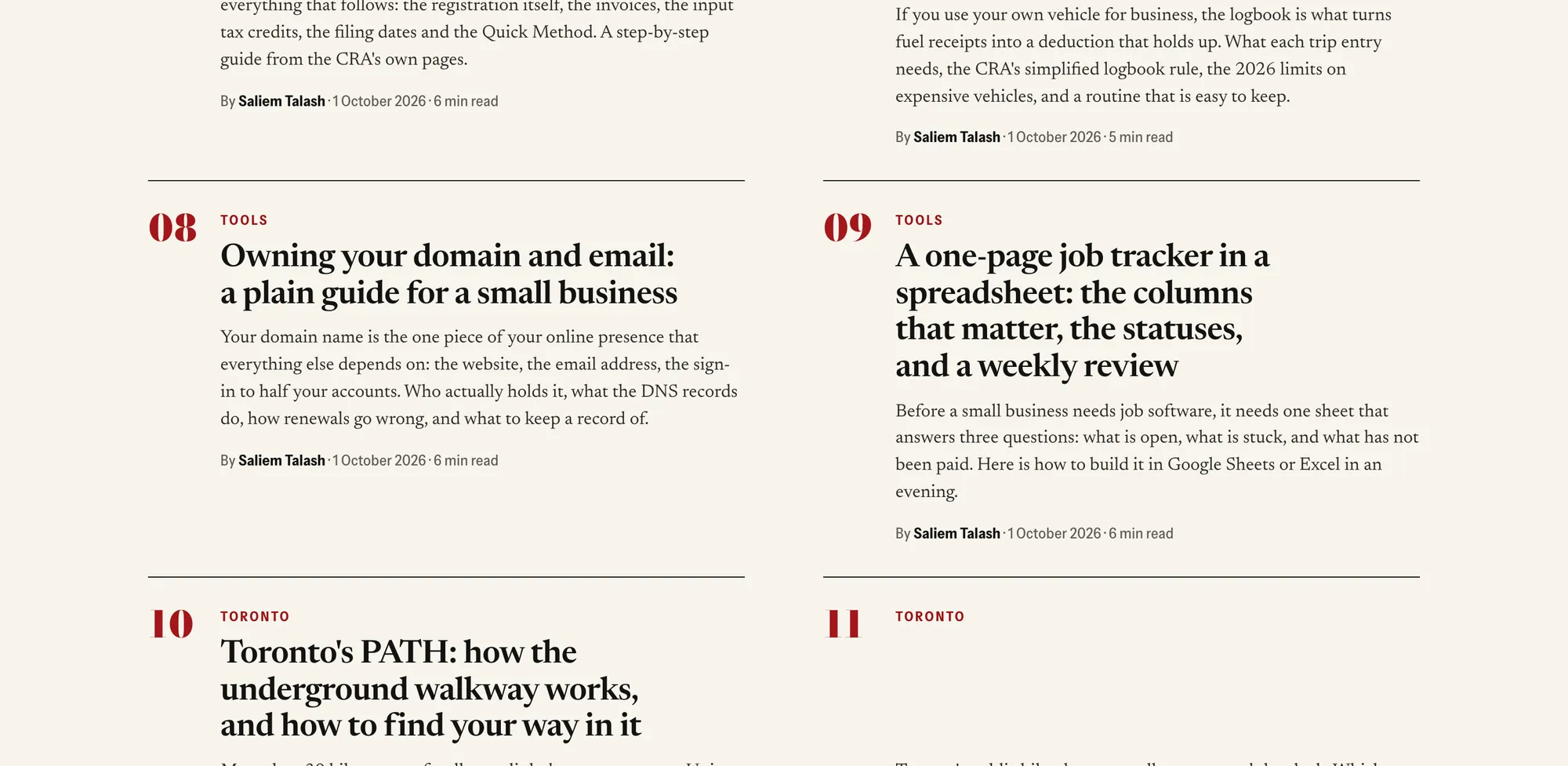 Desktop page section 05 of the ZELR (website) showing headlines “Owning your domain and email: a plain guide for a small business” and “Toronto's PATH: how the underground walkway works, and how to find your way in it”.