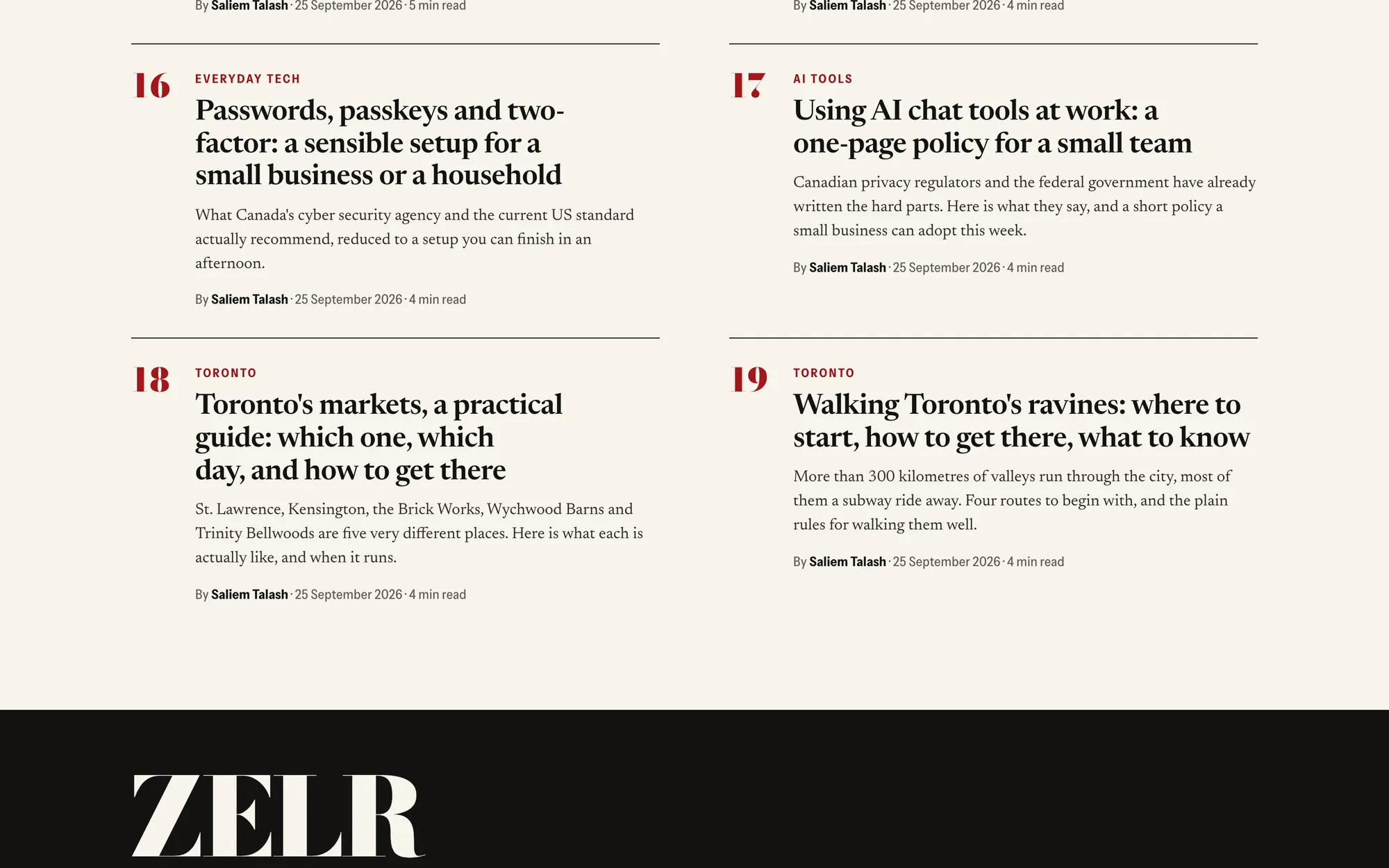 Desktop page section 06 of the ZELR (website) showing headlines “Passwords, passkeys and two-factor: a sensible setup for a small business or a household” and “Using AI chat tools at work: a one-page policy for a small team”.
