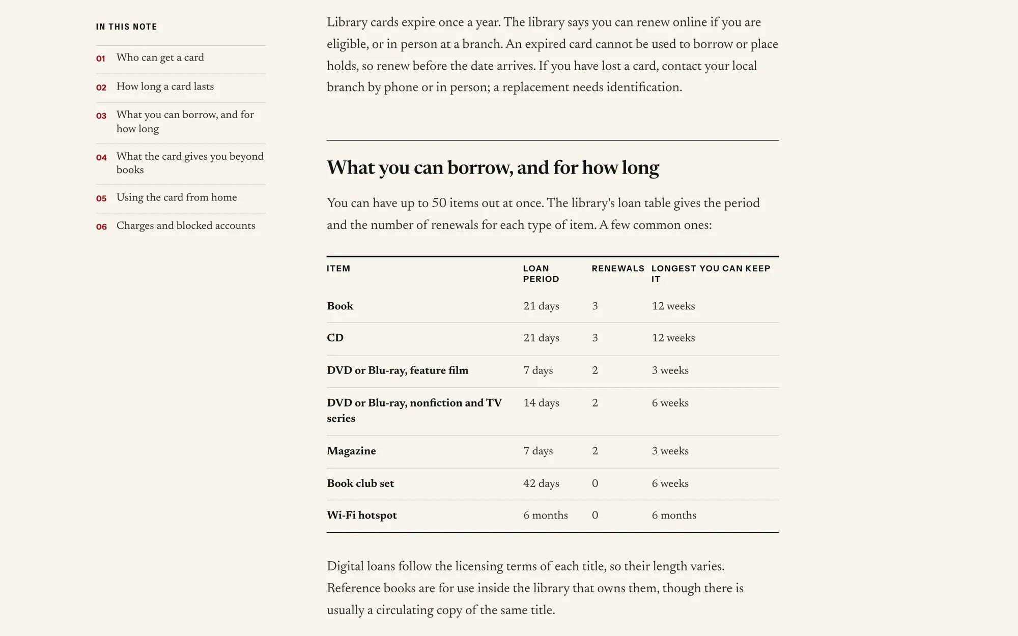 Desktop page section 09 of the ZELR (website) showing headlines “IN THIS NOTE” and “What you can borrow, and for how long”.