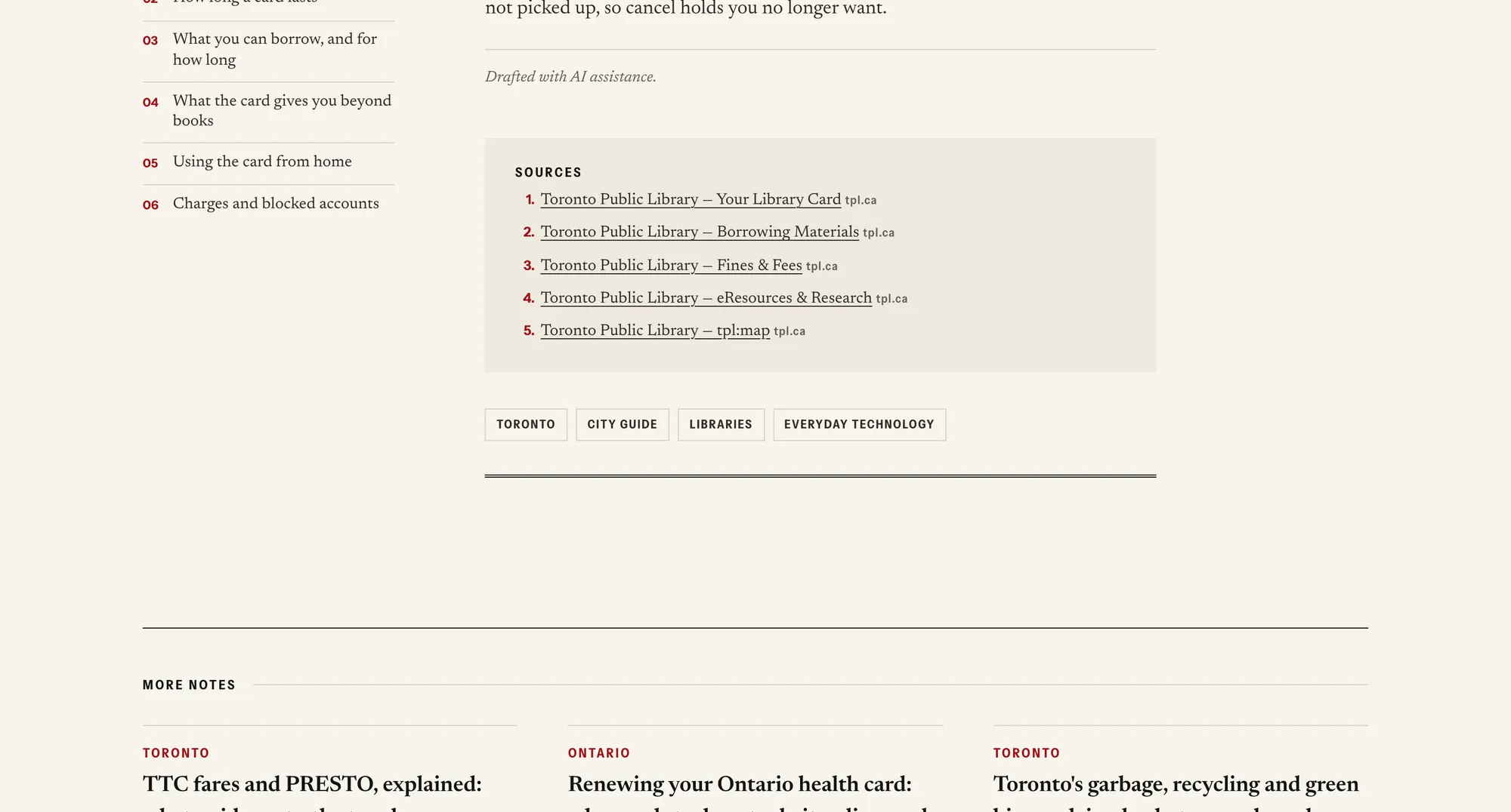 Desktop page section 10 of the ZELR (website) showing headlines “SOURCES” and “MORE NOTES”.