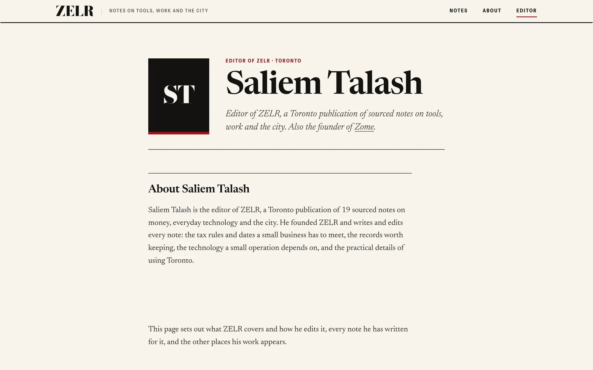 Desktop page section 12 of the ZELR (website) showing headlines “Saliem Talash” and “About Saliem Talash”.
