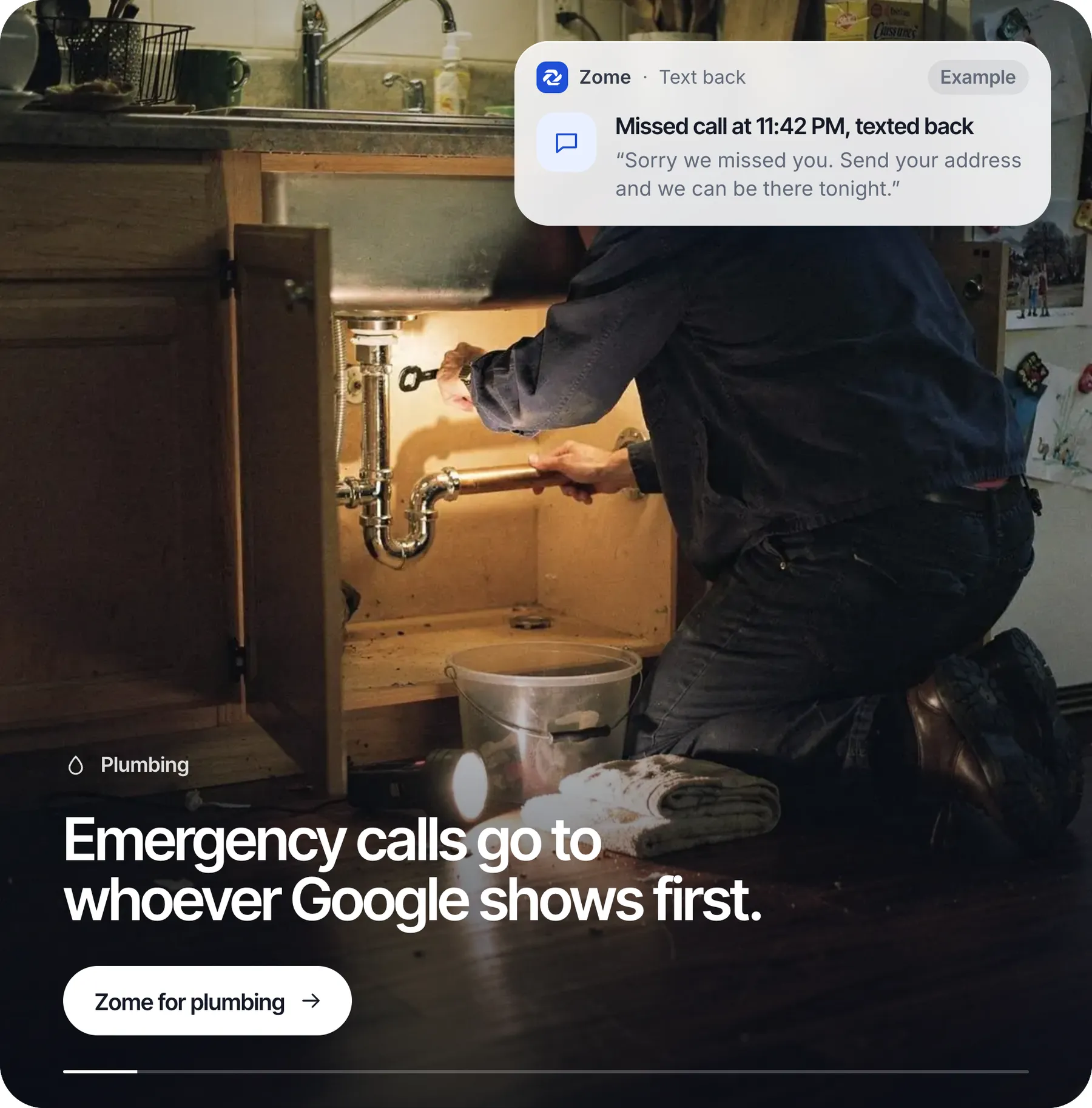 Close detail of the ZOME (website): card “Plumbing Zome Text back Example Missed call at 11:42 PM, tex”.