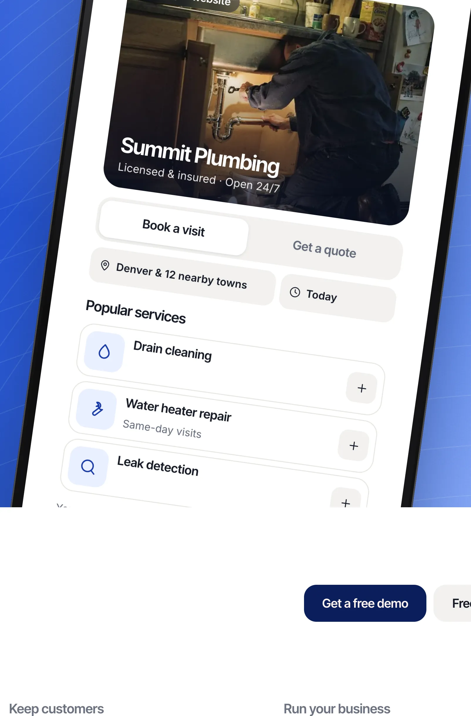 Close detail of the ZOME (website): card “Example website Summit Plumbing Licensed & insured · Open 24”.