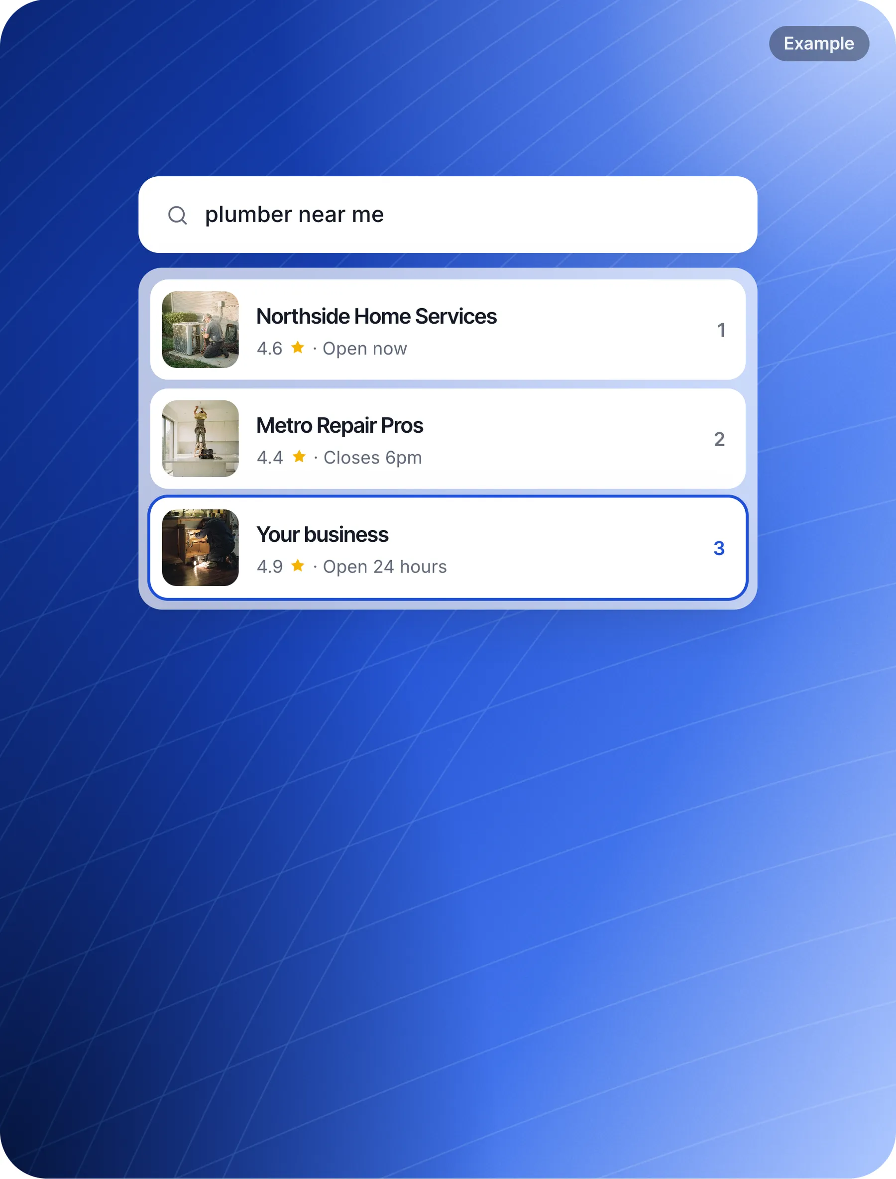 Close detail of the ZOME (website): card “Example plumber near me Your business 4.9 · Open 24 hours 1 ”.