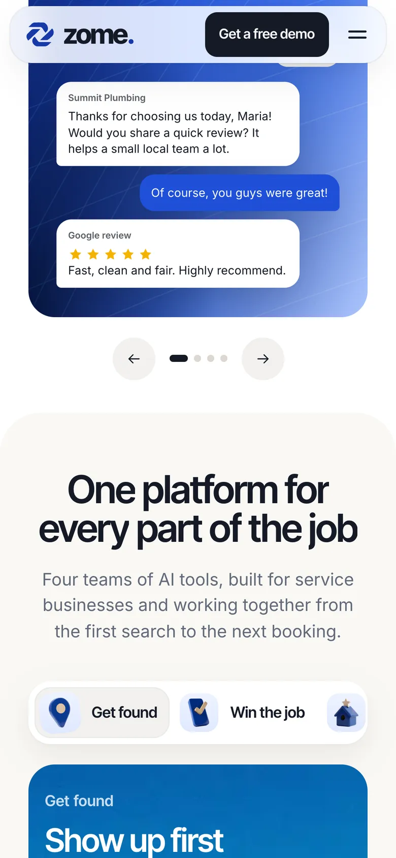 Phone-width page screen 02 of the ZOME (website) showing headline “One platform for every part of the job”, 11 images.