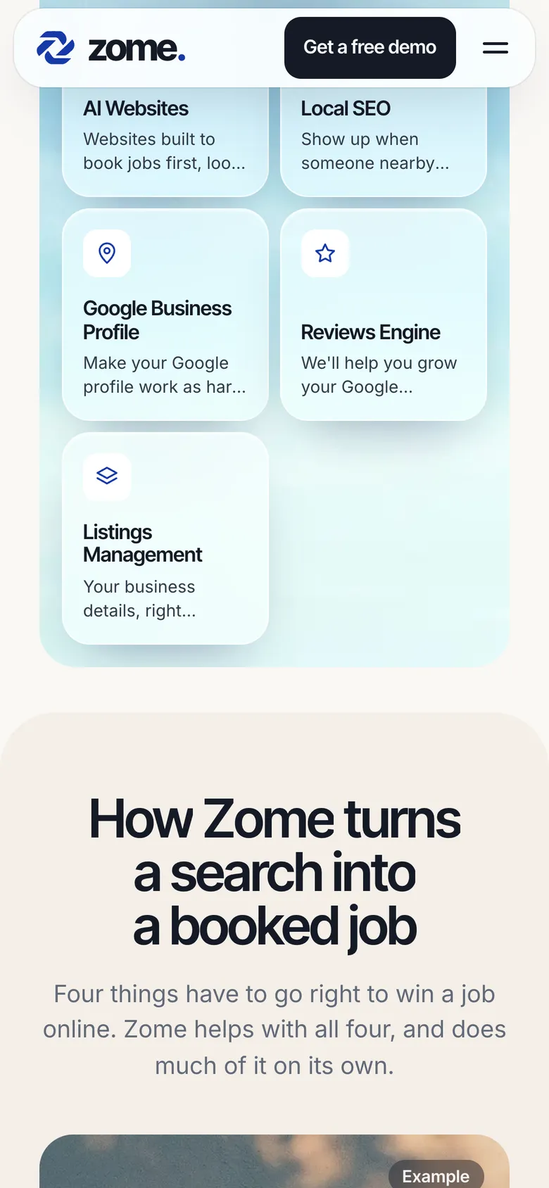 Phone-width page screen 03 of the ZOME (website) showing headline “How Zome turns a search into a booked job”, 10 images.