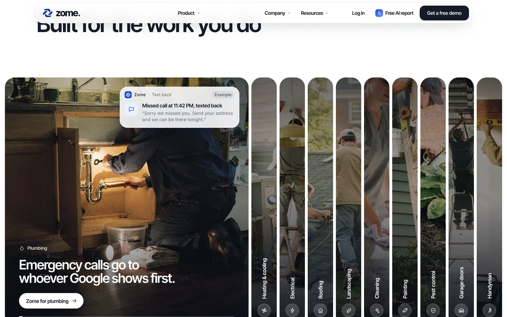 Desktop page section 02 of the ZOME (website) showing headlines “Built for the work you do” and “Emergency calls go to whoever Google shows first.”, 22 images.