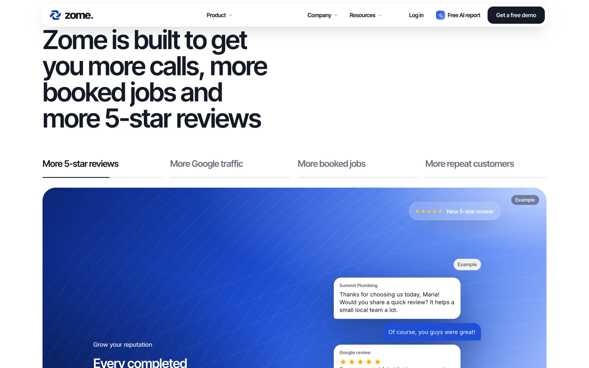 Desktop page section 03 of the ZOME (website) showing headline “Zome is built to get you more calls, more booked jobs and more 5-star reviews”, 13 images.