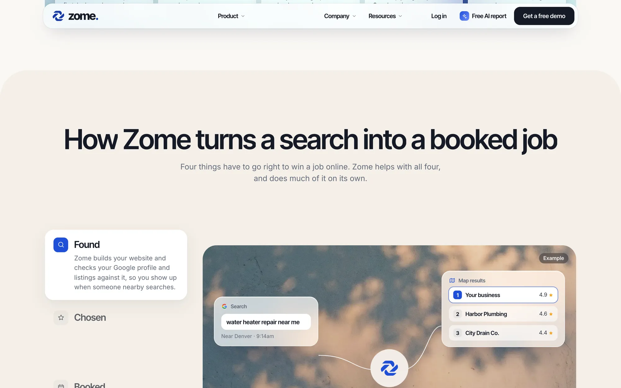 Desktop page section 04 of the ZOME (website) showing headlines “How Zome turns a search into a booked job” and “Found”, 15 images.