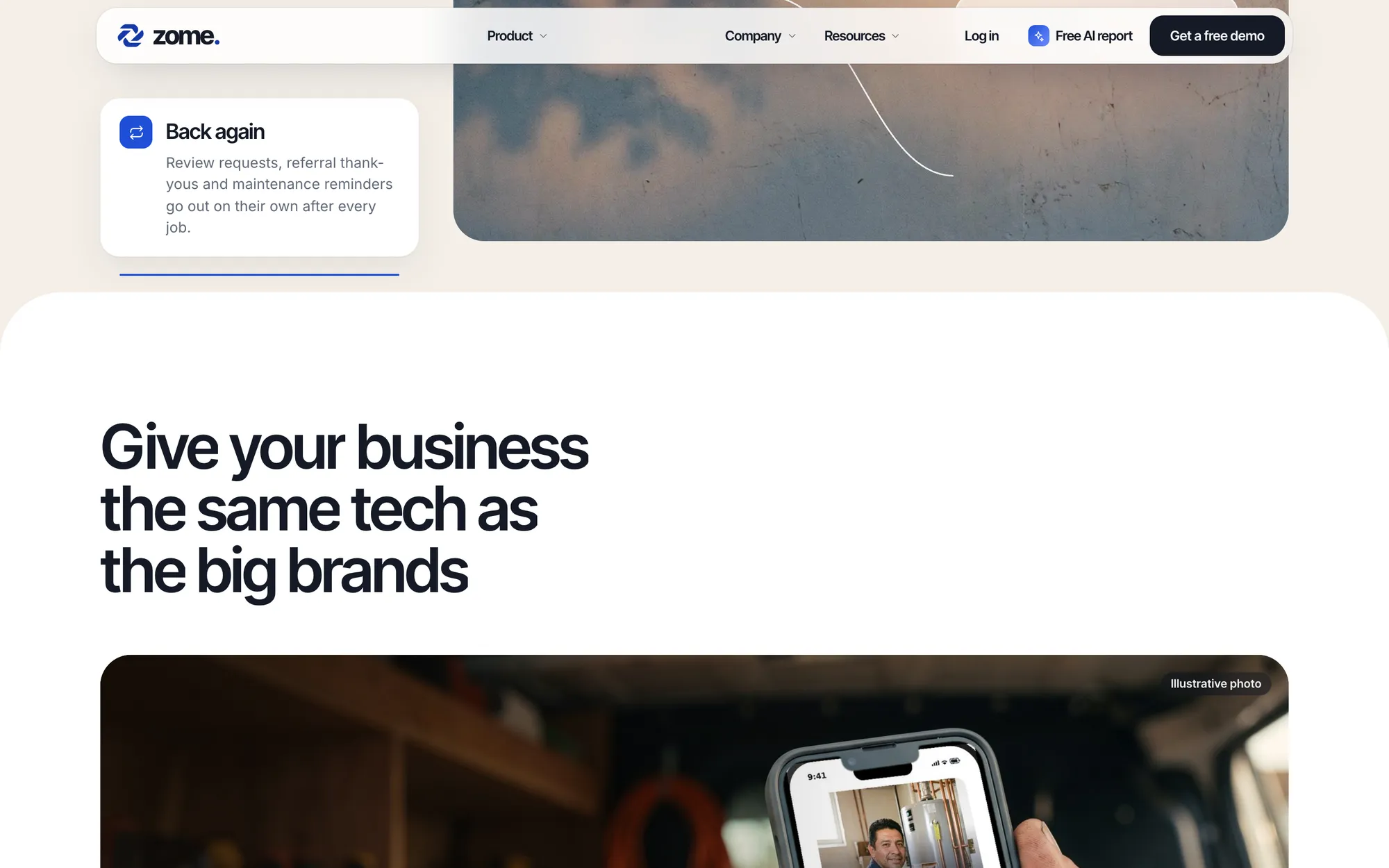 Desktop page section 06 of the ZOME (website) showing headlines “Back again” and “Give your business the same tech as the big brands”, 13 images.
