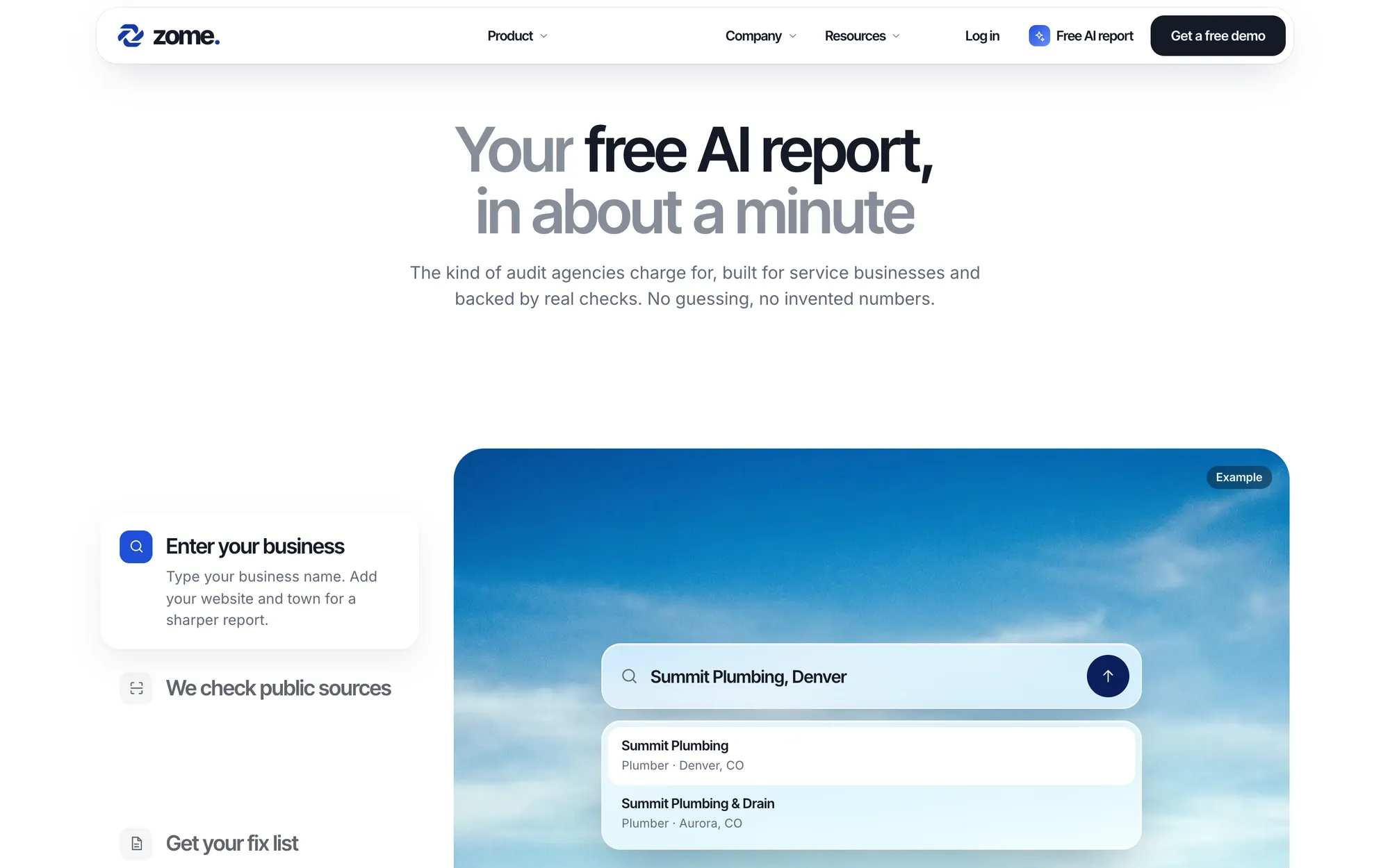 Desktop page section 08 of the ZOME (website) showing headlines “Your free AI report, in about a minute” and “Enter your business”, 12 images.